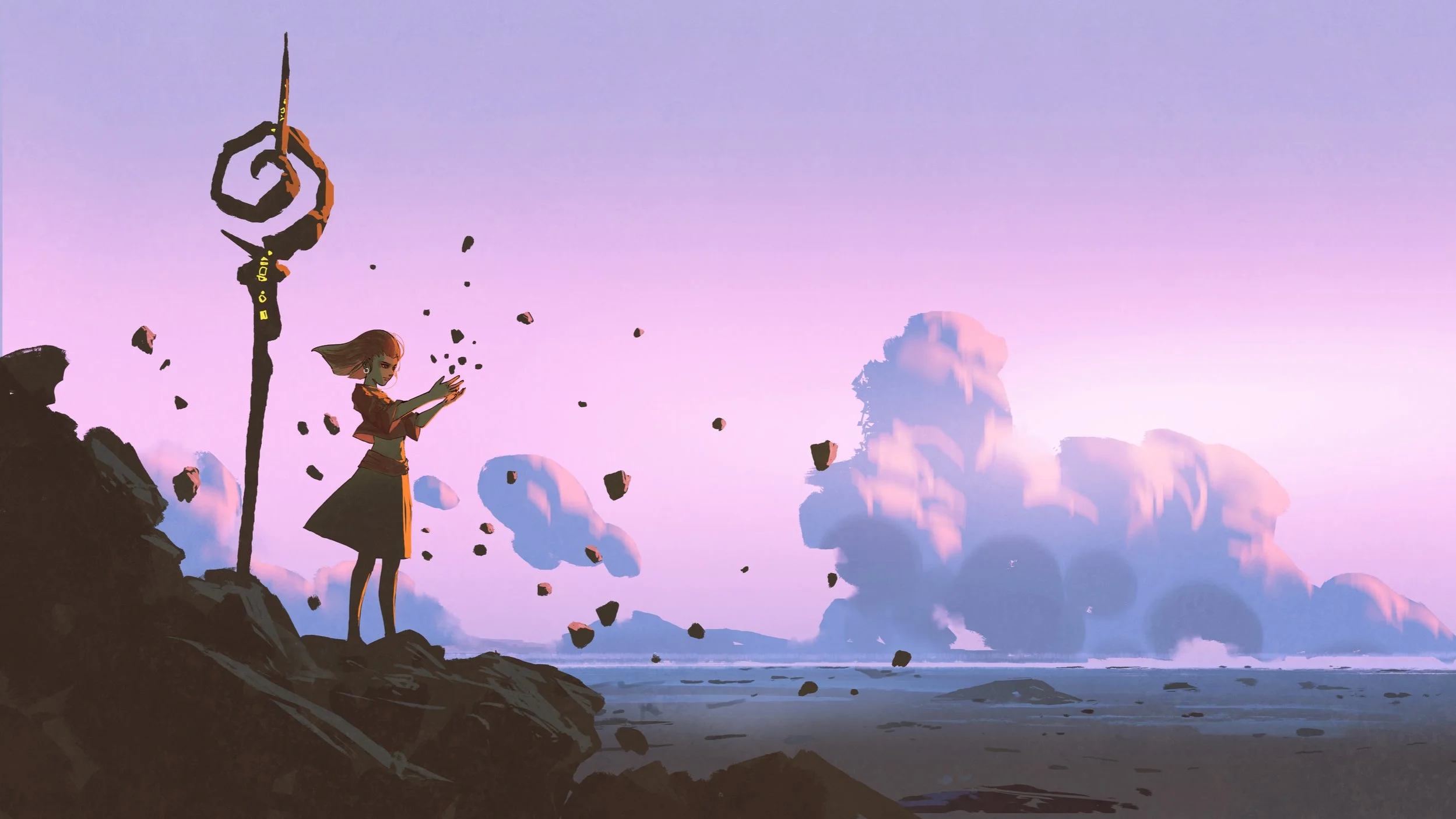 little witch girl casts spells with new magical power while standing on a rocky cliff overlooking the sea. there are big, billowy clouds and majestic mountains along the sea horizon. digital art style, illustration painting