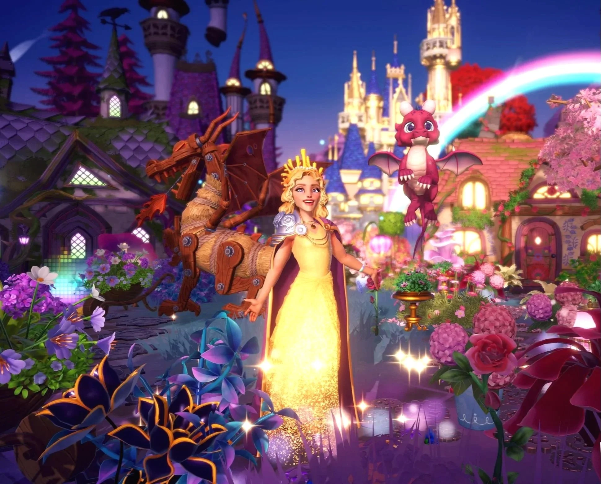 Animated scene featuring a castle illuminated at night, surrounded by colorful flowers, trees, and glittering lights. A princess with blonde hair and a yellow dress stands in front of a small dragon and a plant-like creature with wings, with a rainbow and vibrant scenery in the background.