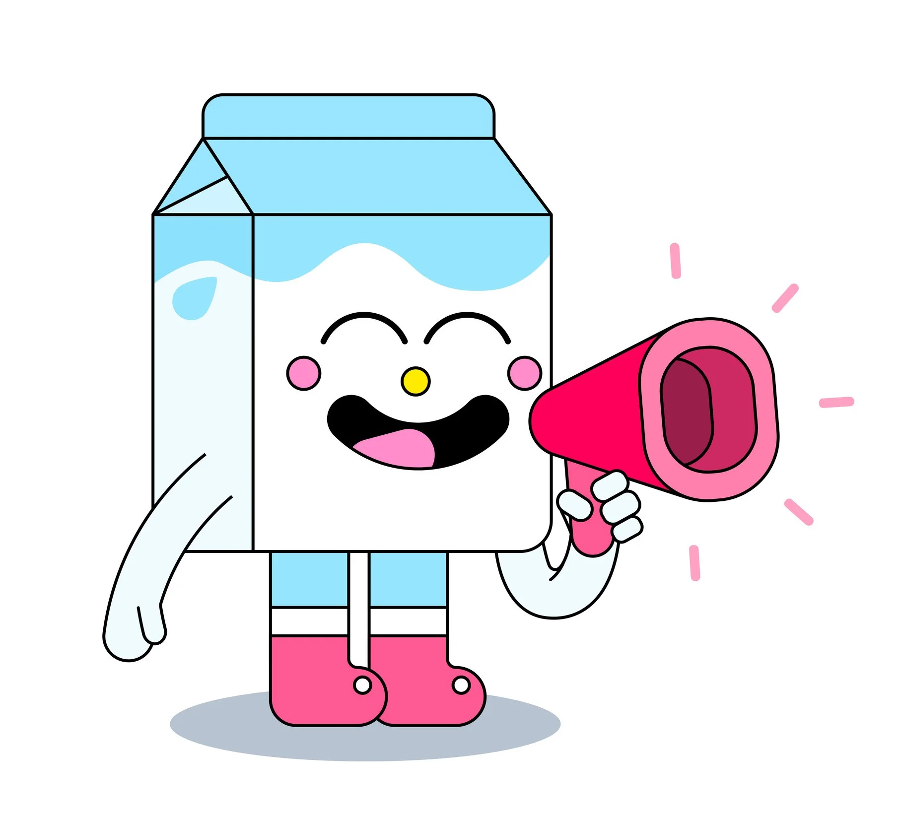 A cartoon ice milk carton character with a smiling face, holding a pink megaphone, standing on a gray shadow with pink lines radiating from the megaphone.