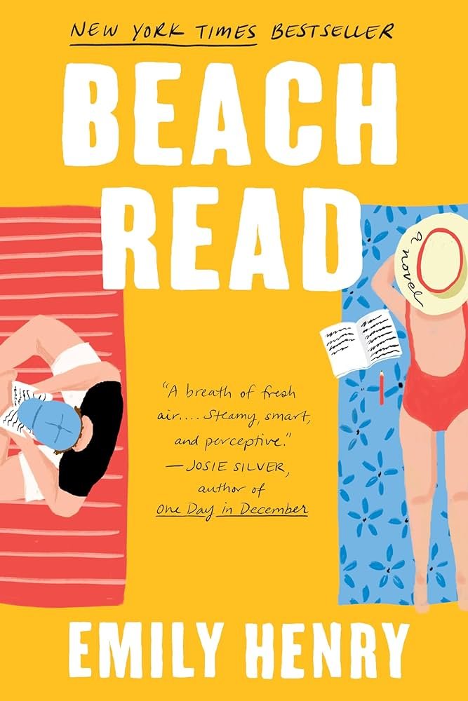 Book cover of 'Beach Read' by Emily Henry. The cover features a yellow background with illustrations of two women relaxing at the beach, one lying on a striped towel reading a book, and the other standing on a patterned towel, wearing a hat and reading a book. The title is in large white letters, with the author's name at the bottom.
