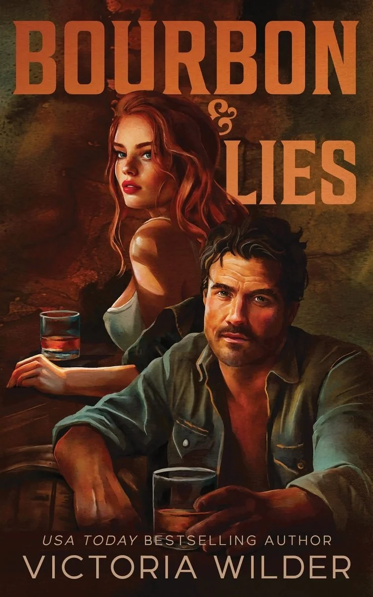 Book cover for 'Bourbon & Lies' by Victoria Wilder featuring a man and a woman sitting at a bar with drinks, with the title at the top and author's name at the bottom.