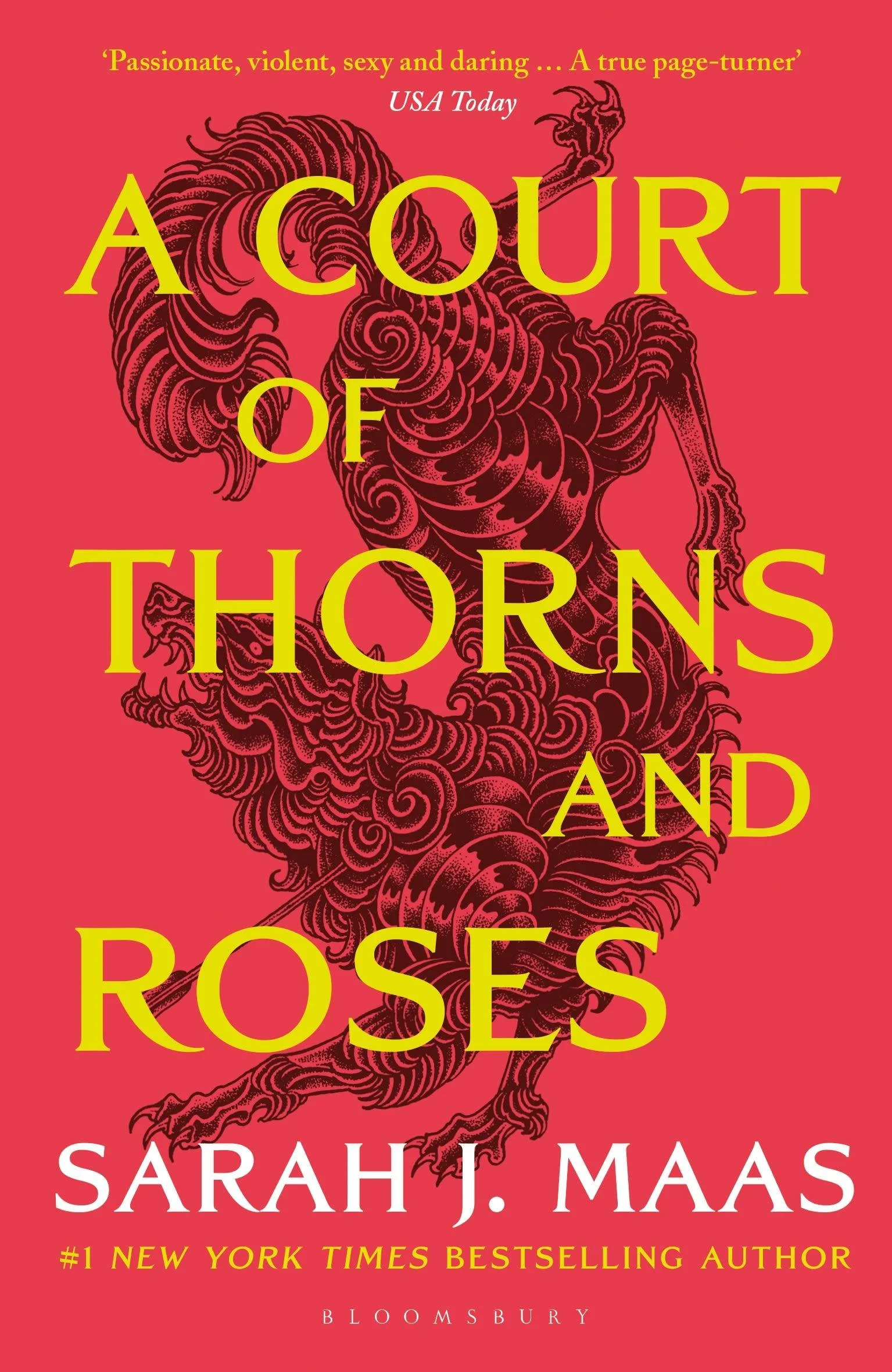 A book cover titled 'A Court of Thorns and Roses' by Sarah J. Maas with a red background and an illustration of a black dragon entwined with thorns.