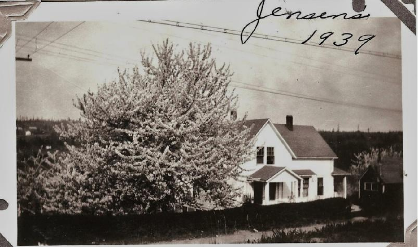 Black and white photo of a house with a large blooming tree in front, with handwritten text 'Jenesano 1939' at the top.