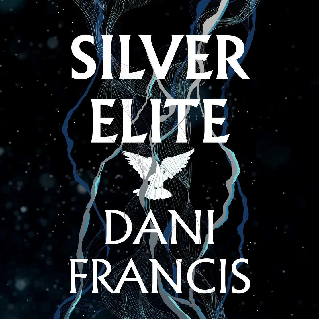 Book cover for 'Silver Elite' by Dani Francis, featuring a white dove with outstretched wings, intricate blue and white line designs, and a dark background with light specks.