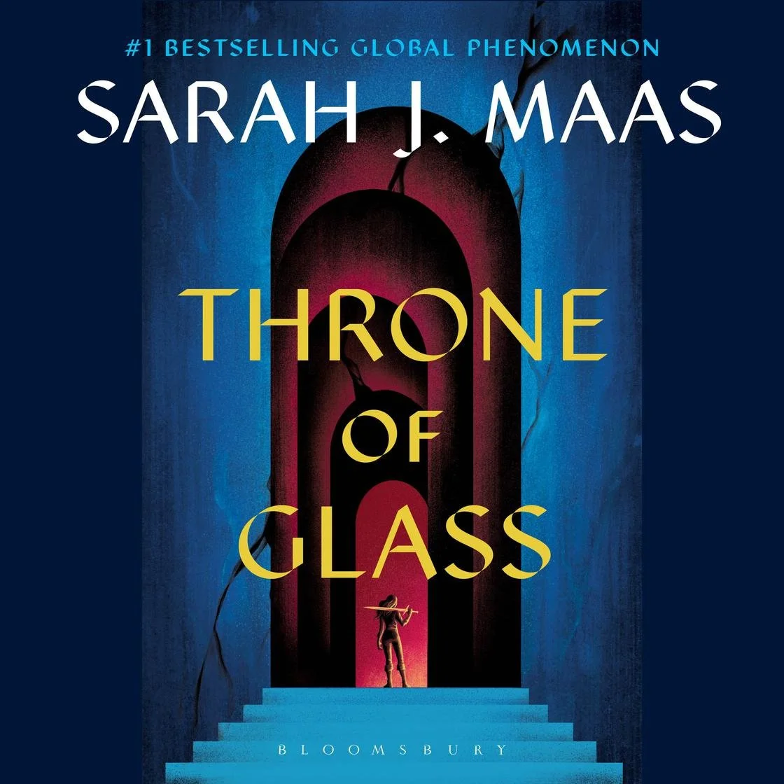 Book cover for 'Throne of Glass' by Sarah J. Maas. Features a dark castle doorway with a silhouette of a woman holding a sword at the steps.