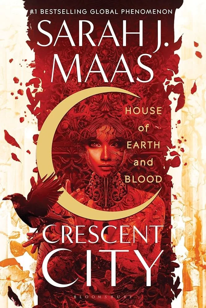 Cover of the book 'Crescent City' by Sarah J. Maas, featuring a woman with dark hair and makeup, a large crescent moon, and a black bird, with a red and beige decorative background.
