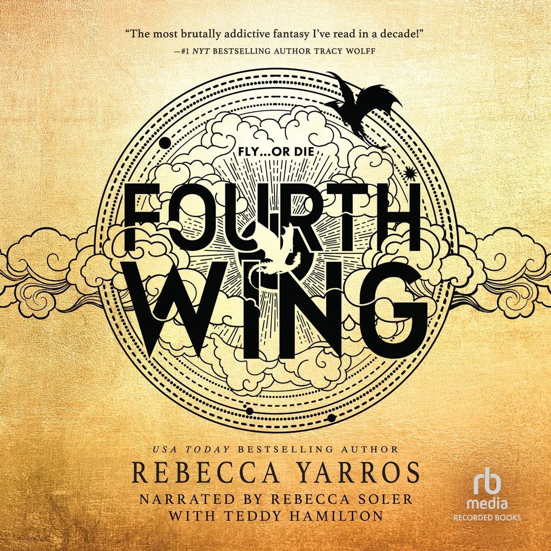 Book cover for 'E-Flight: Fourth Wing' by Rebecca Yarros, with narration by Rebecca Soler and Teddy Hamilton, featuring a golden background, clouds, a bird, and a rainbow design.