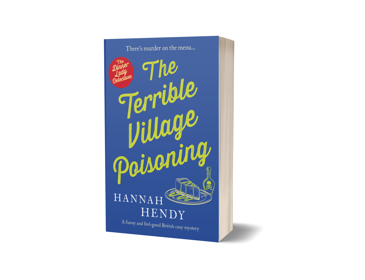 Book titled 'The Terrible Village Poisoning' by Hannah Hendy with a blue cover, yellow text, and a graphic of soap bars and a poison bottle with a skull.