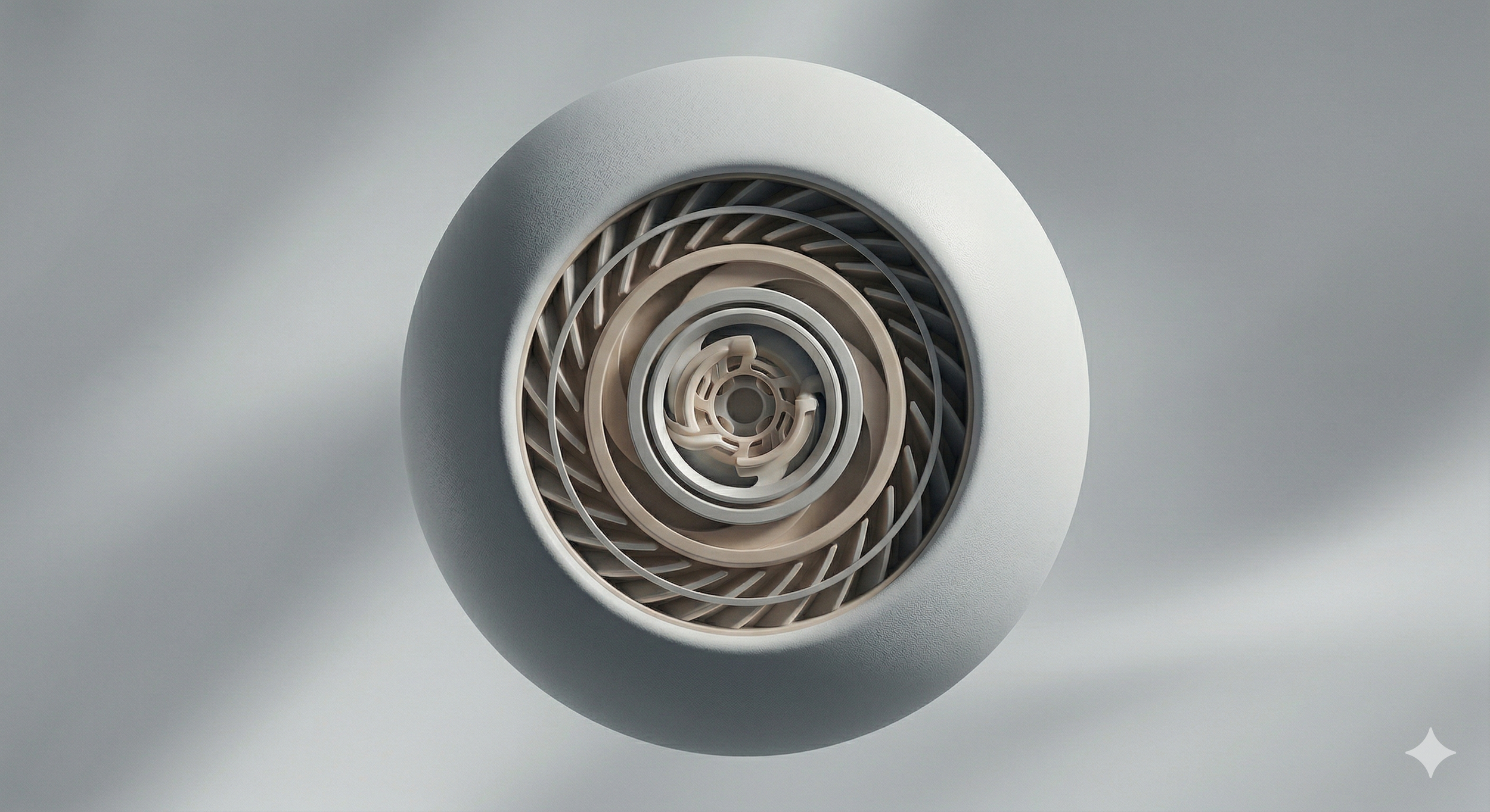 A close-up of a spherical air purifier or fan with a modern, minimalistic design, featuring a white outer shell and inner vent structure.