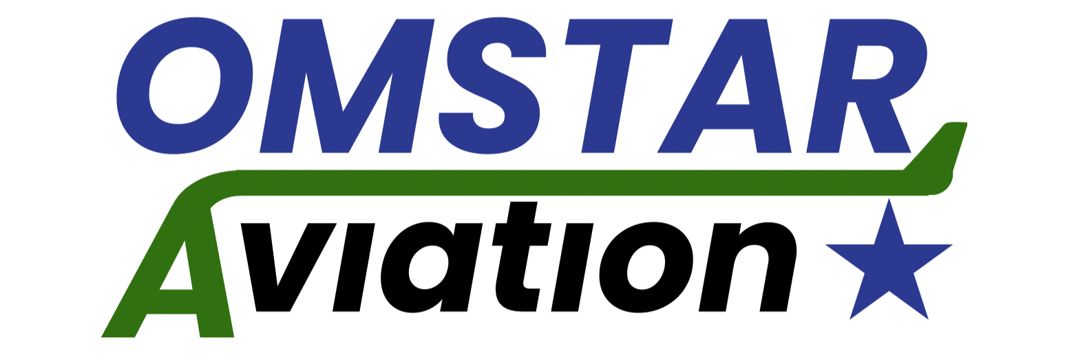 Logo for Omstar Aviation with stylized green airplane and blue star.