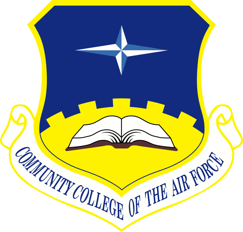 The emblem of the Community College of the Air Force features a blue shield with a white star, a yellow gear, and an open book, with the text "Community College of the Air Force" on a white ribbon at the bottom.
