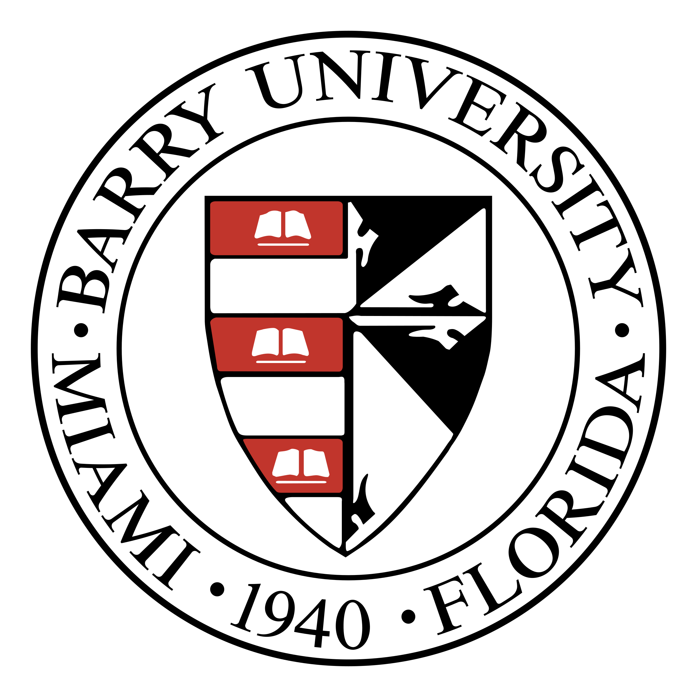 Seal of Wayne State University with a shield in the center featuring open books on a red background and a black and white pattern, surrounded by the text 'Wayne BARRY UNIVERSITY - FLO' and the year 1940.