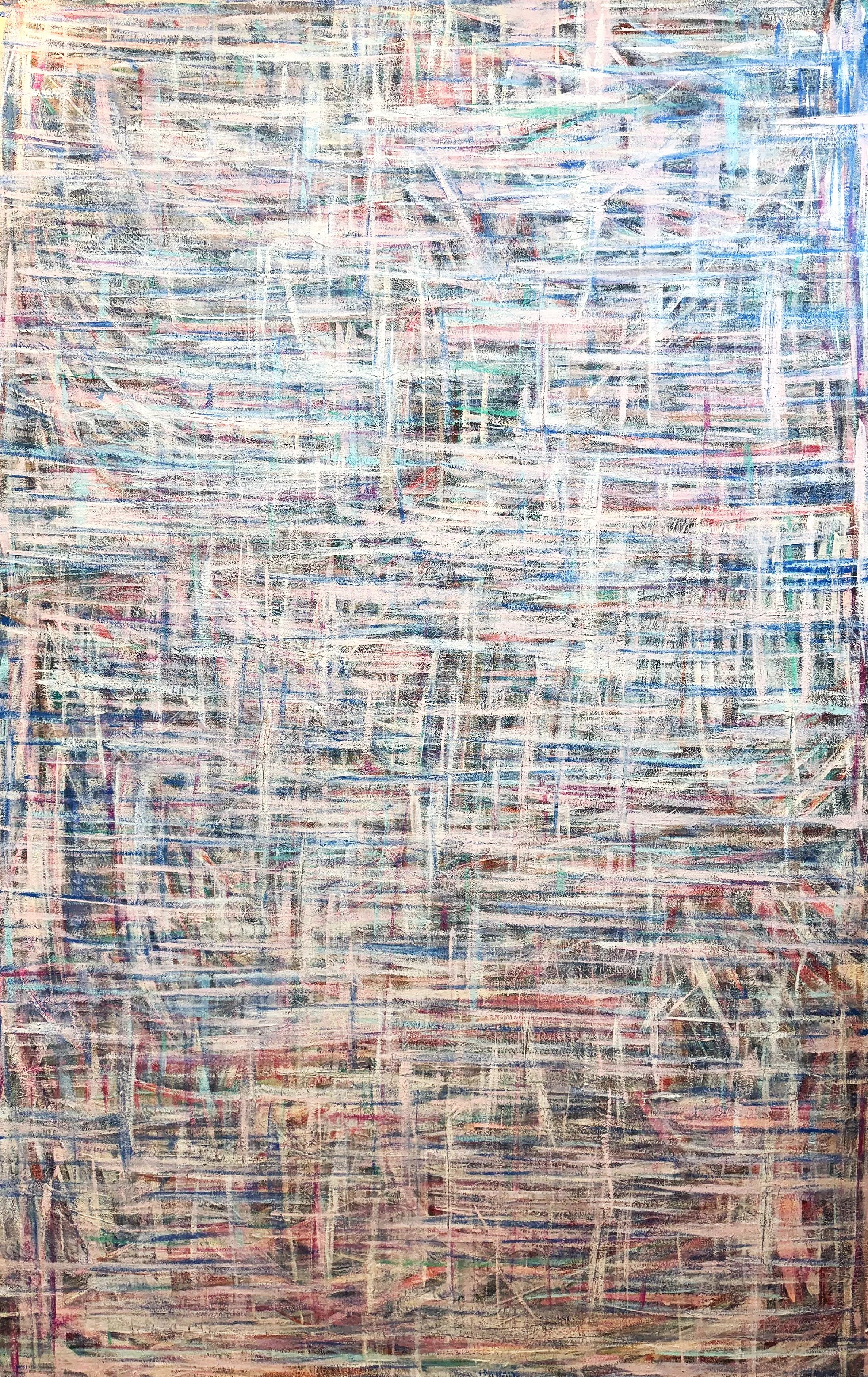 Abstract painting with crisscrossing lines and streaks in white, pink, blue, green, and black.