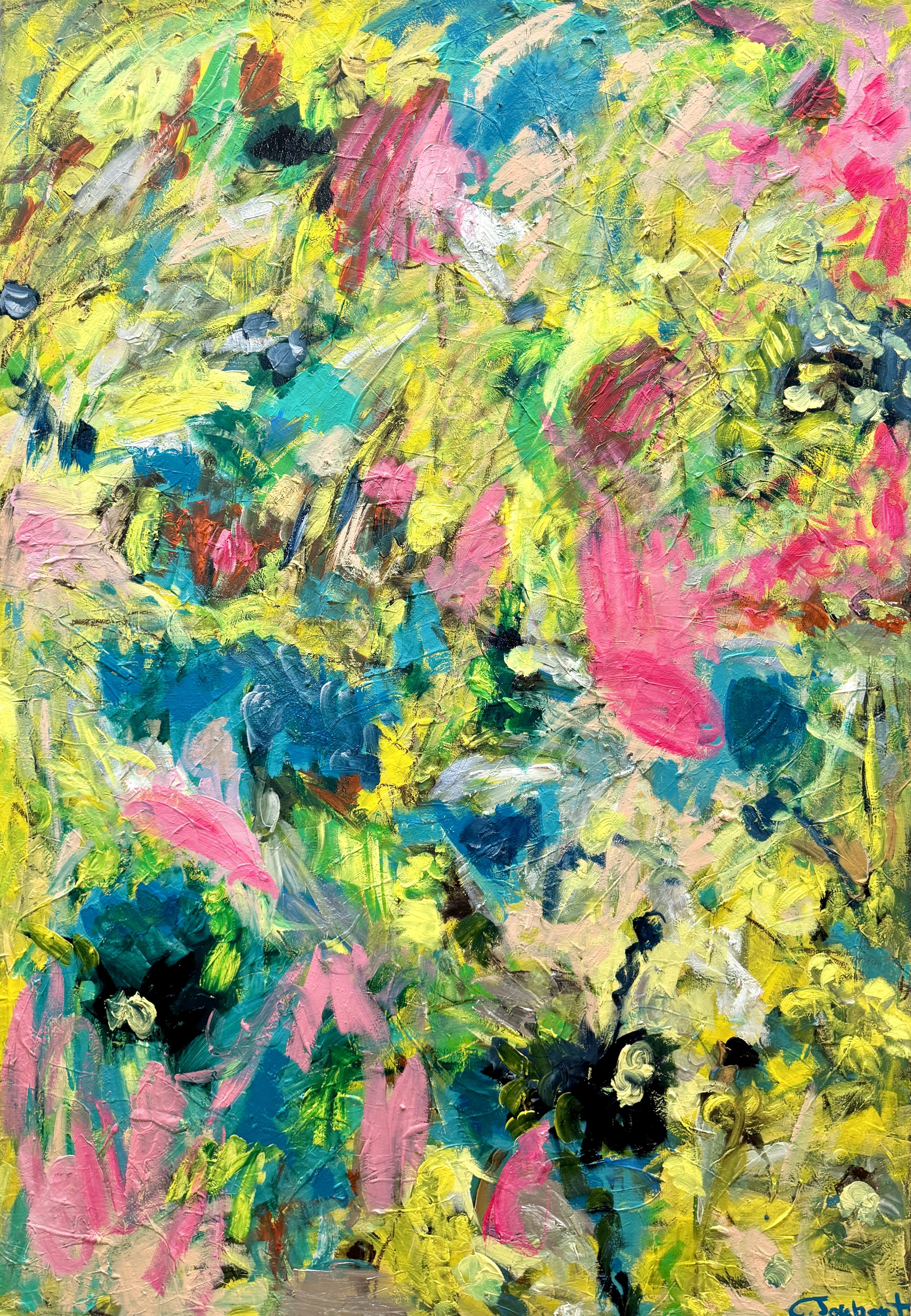 Abstract impressionist painting with vibrant colors including yellow, pink, green, blue, and black, featuring thick textured brushstrokes.