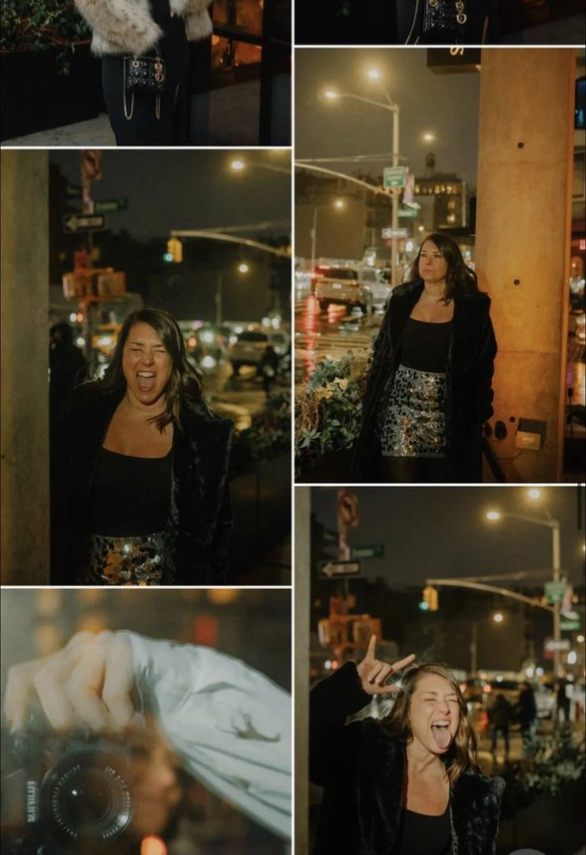 The collage features a woman at night in an urban setting. She is seen in multiple photos making different facial expressions and gestures, including smiling, laughing, and a peace sign. The background includes streetlights, cars, and city buildings, with some images focusing on her and others capturing the city scene.
