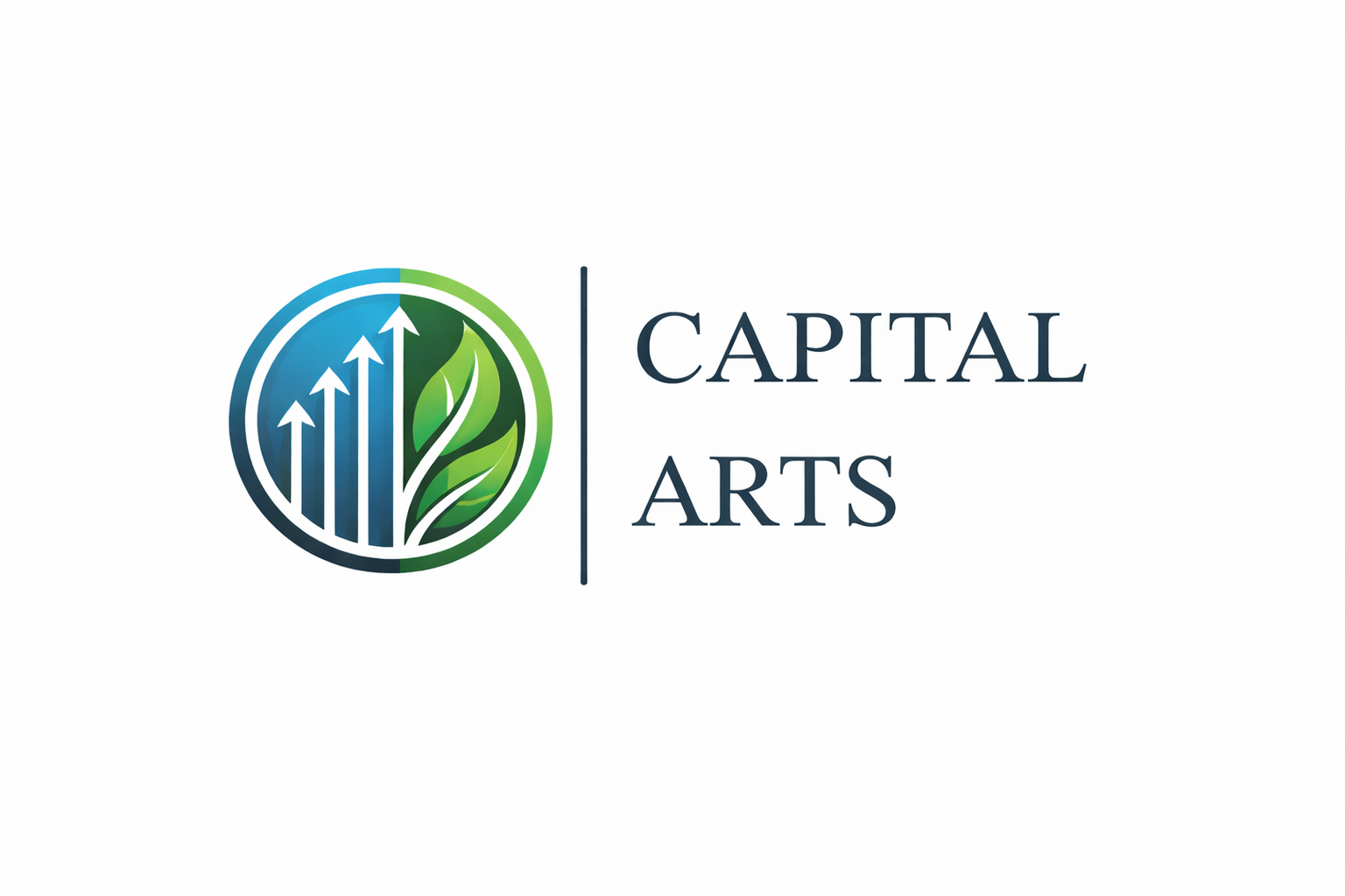 Logo of Capital Arts featuring a circular design with arrows pointing upwards on the left half and green leaves on the right half, separated from the text 'CAPITAL ARTS' by a vertical line.