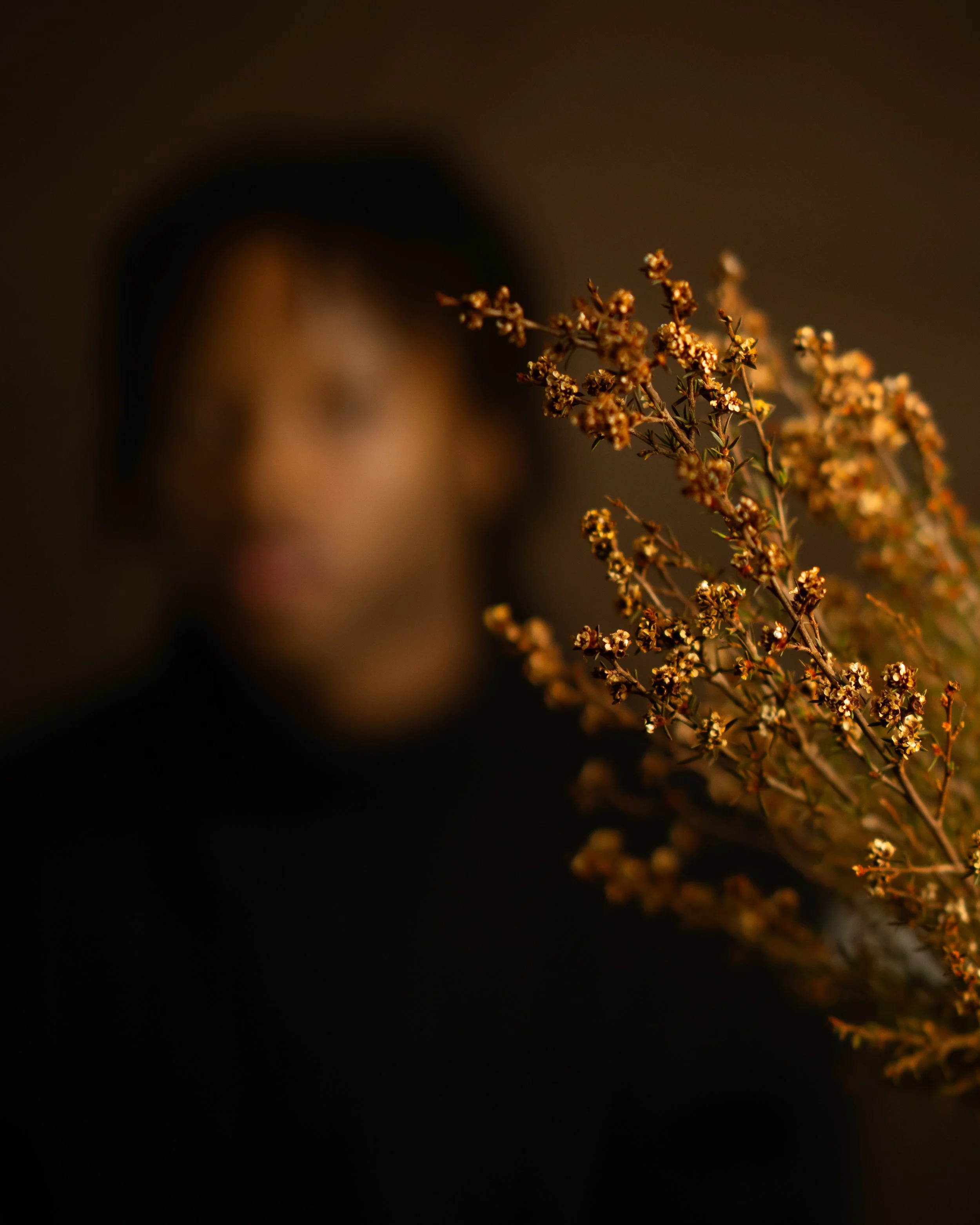 A blurred human face in the background with a focus on a small branch with tiny brown flowers in the foreground, against a dark background.