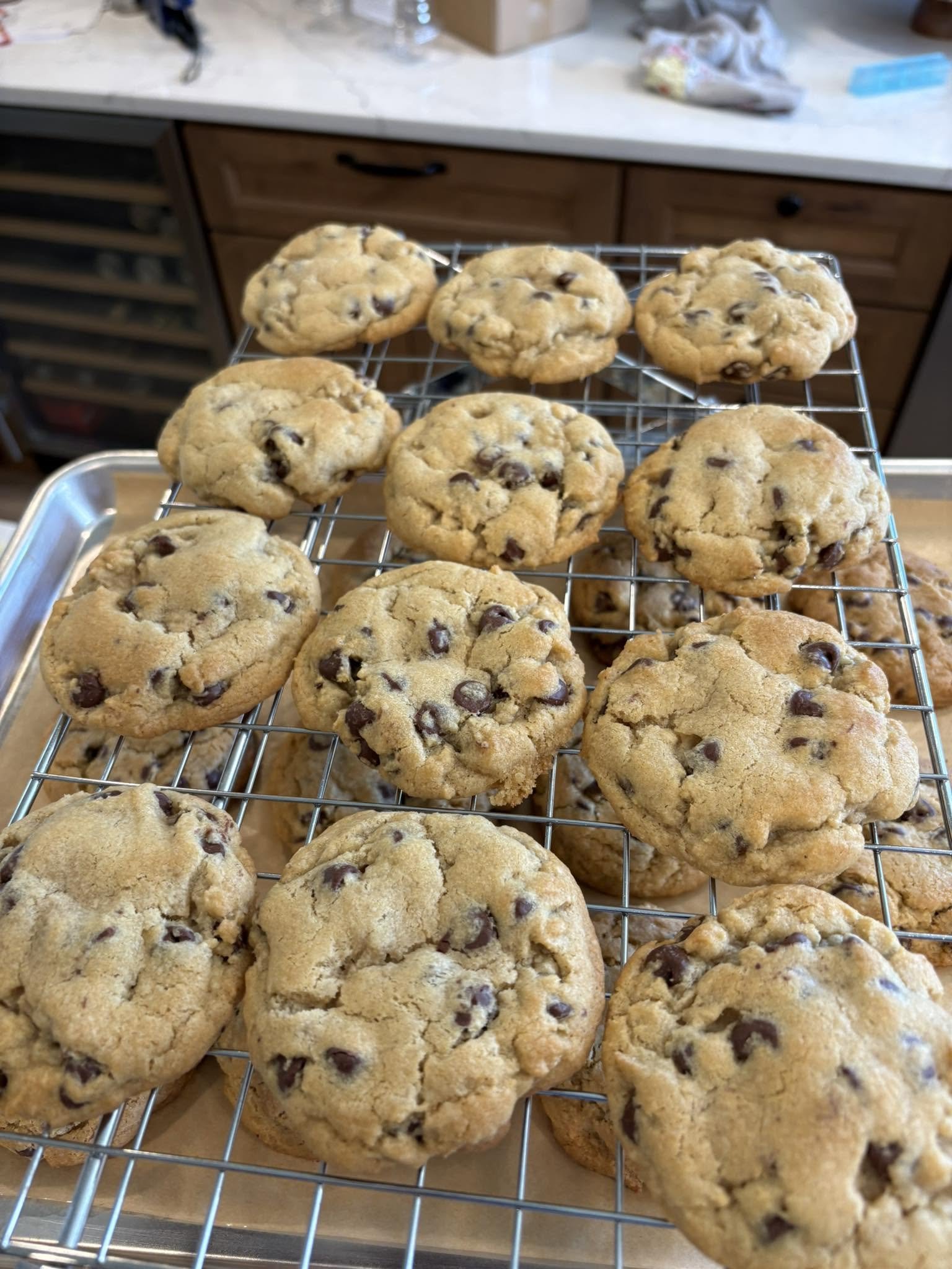 Chocolate chip cookies on a cooling rack