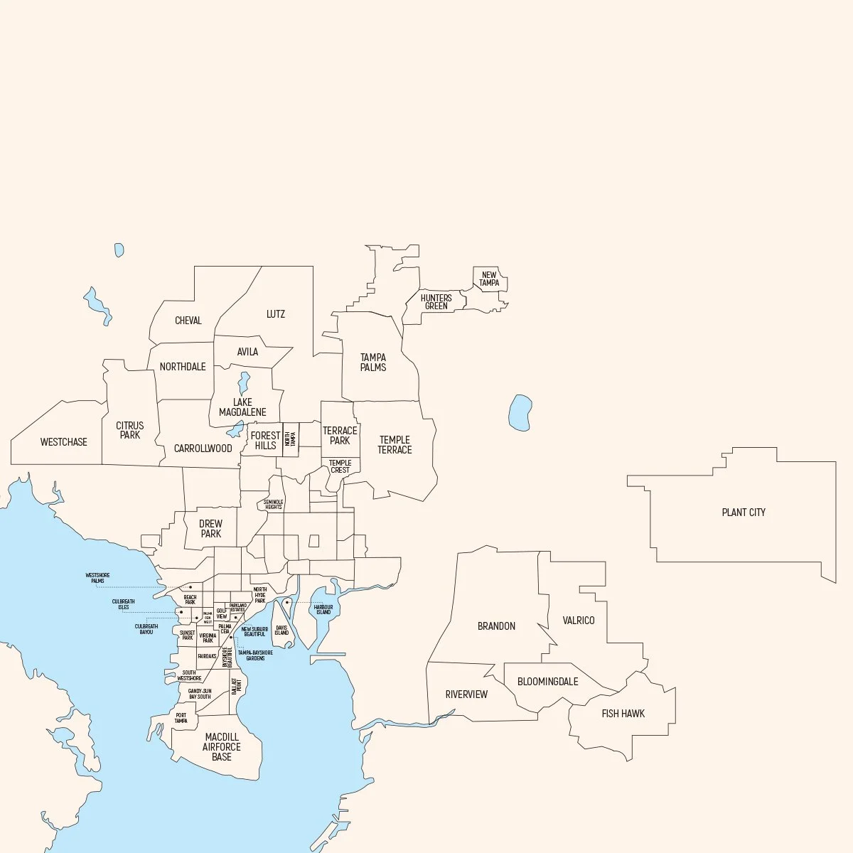 Map of Tampa, Florida city neighborhoods and districts, including New Tampa, Hunter's Green, Westshore Palms, Harbour Island, and Plant City.