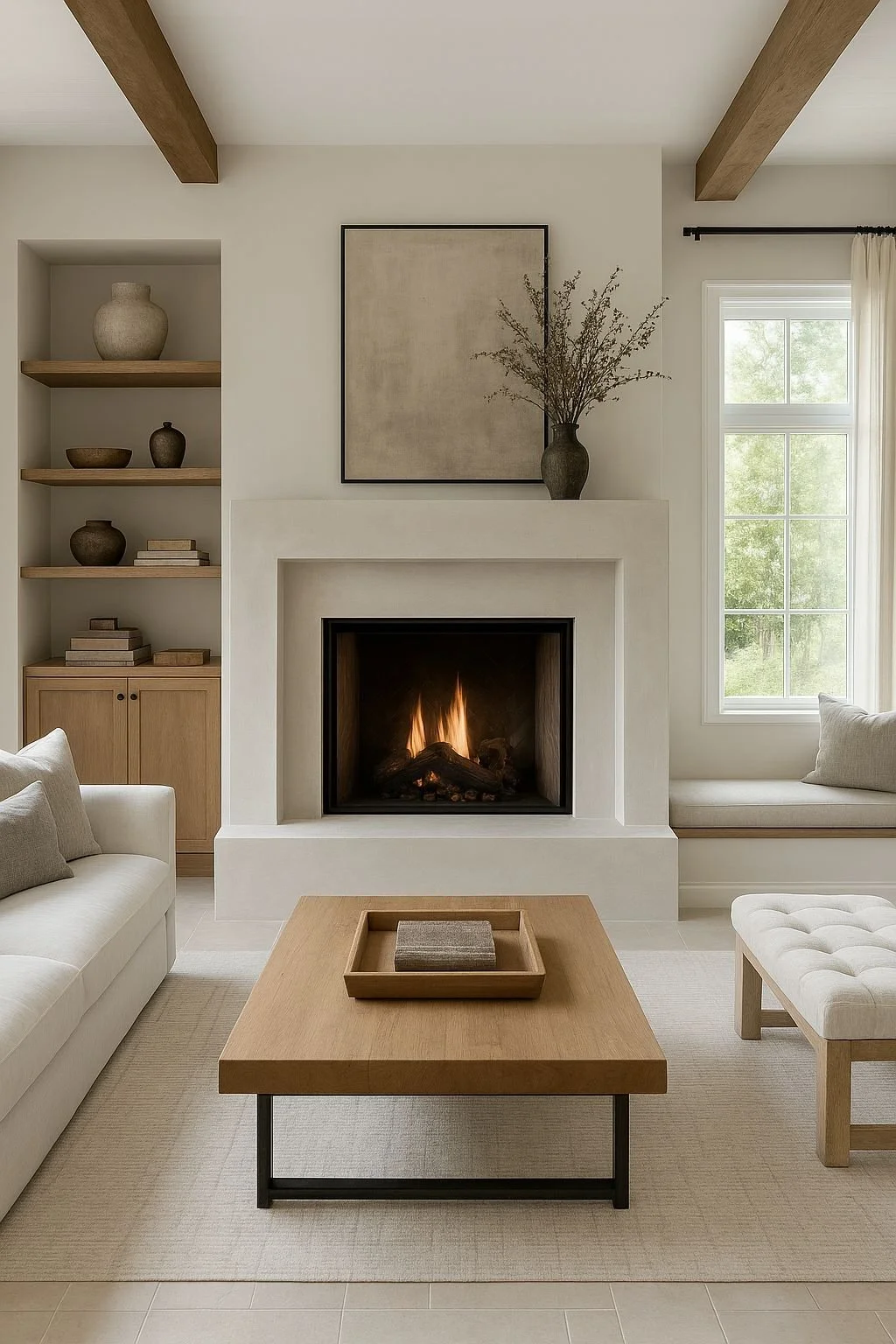Living room with a white fireplace, a fire burning inside, a wooden coffee table, beige couches, built-in shelves with decor, and a window showing greenery outside.