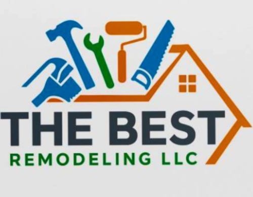 Logo for The Best Remodeling LLC featuring icons of a hammer, wrench, paint roller, saw, and a house outline.