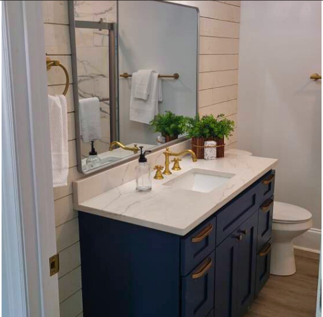 Bathroom vanity with a white marble countertop, dark blue cabinet, gold hardware, a large mirror, towels on a gold towel rack, a small potted plant, and a toilet in the background.