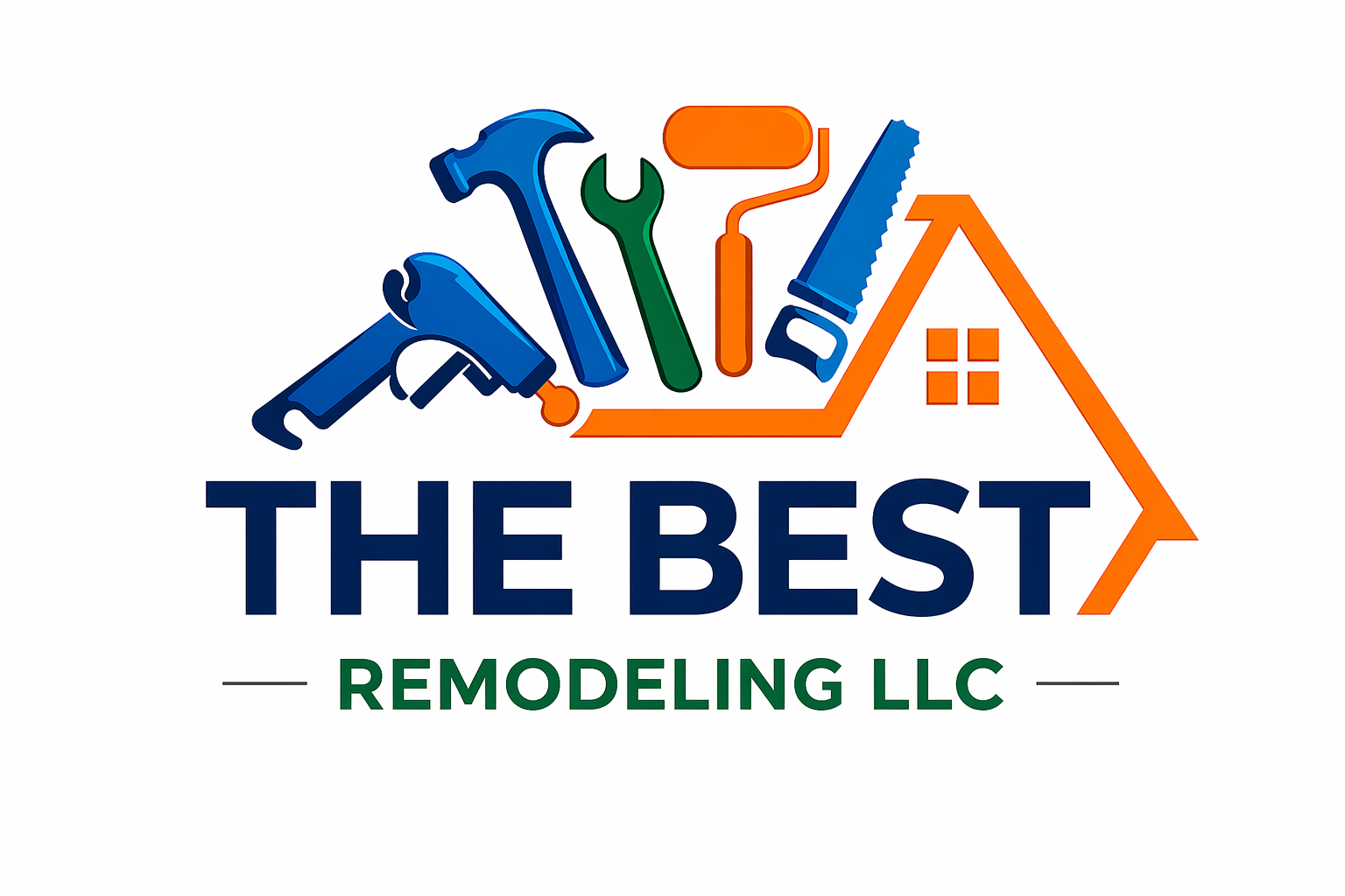Logo for The Best Remodeling LLC with a roof outline and various tools, including a hammer, wrench, paint roller, saw, and spray gun, in blue, green, and orange colors.