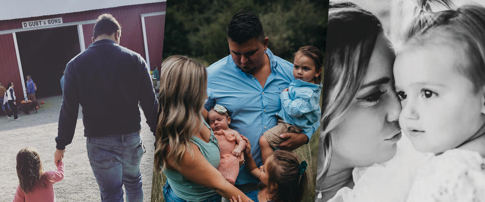 Three images showing different scenes of family and children. The first image depicts a man and a girl walking away from a barn or large building, holding hands. The second image shows a man holding two small children, with a woman holding a baby, in an outdoor setting. The third image is a black-and-white close-up of a woman and a young girl touching foreheads, sharing a tender moment.