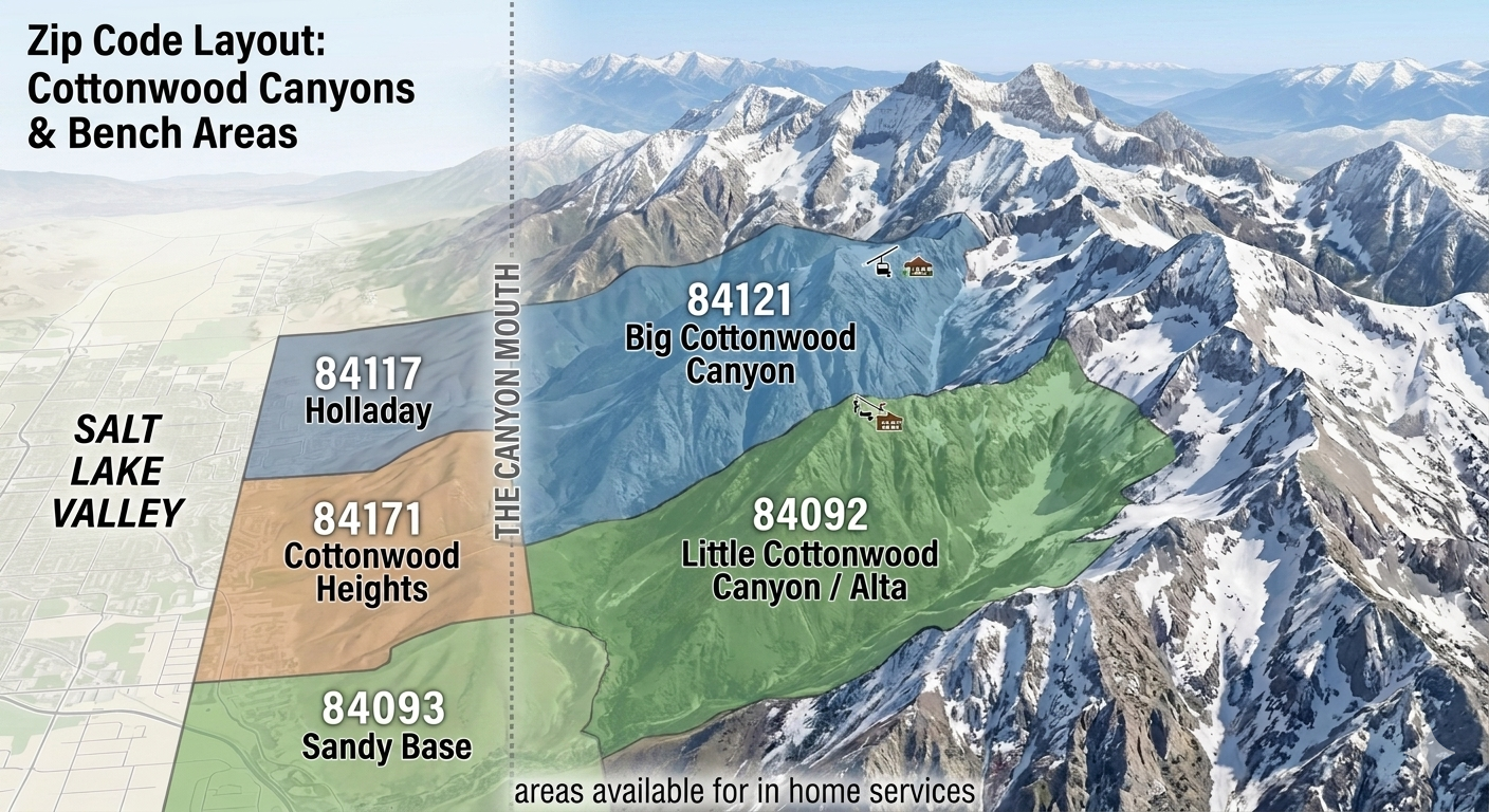 Map showing zip code layout for Cottonwood Canyons and bench areas, highlighting areas in Salt Lake Valley, with specific zones labeled: Salt Lake Valley, Cottonwood Heights, Holladay, Little Cottonwood Canyon / Alta, Big Cottonwood Canyon and surrounding mountain ranges.