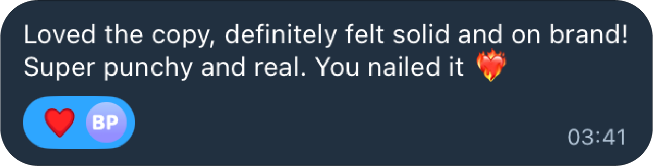 Screenshot of client message saying Becs Pearson's copy felt solid, on brand, punchy and real