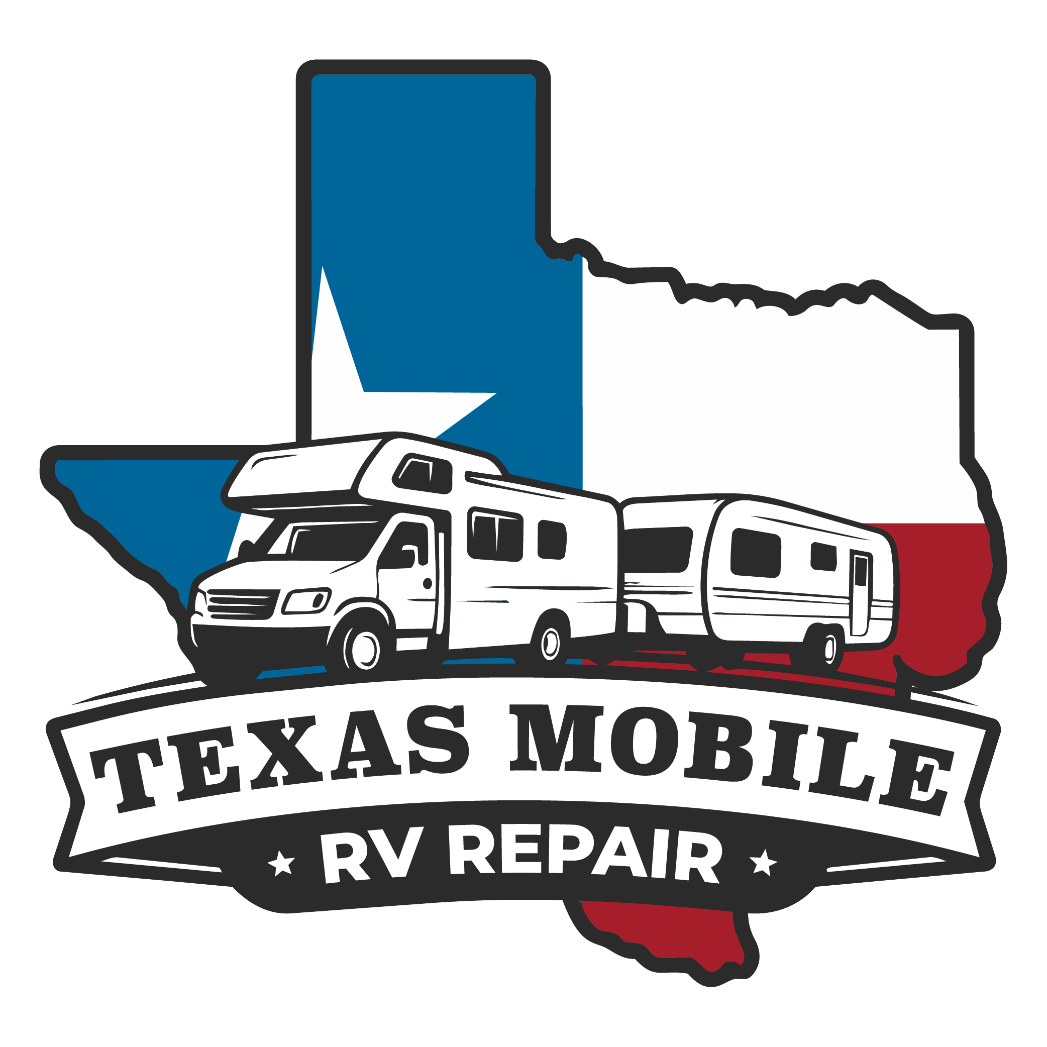 Illustration of the state of Texas with a Texas flag pattern in the background. Two RVs are parked in front of the outline of Texas. Text reads "Texas Mobile RV Repair."