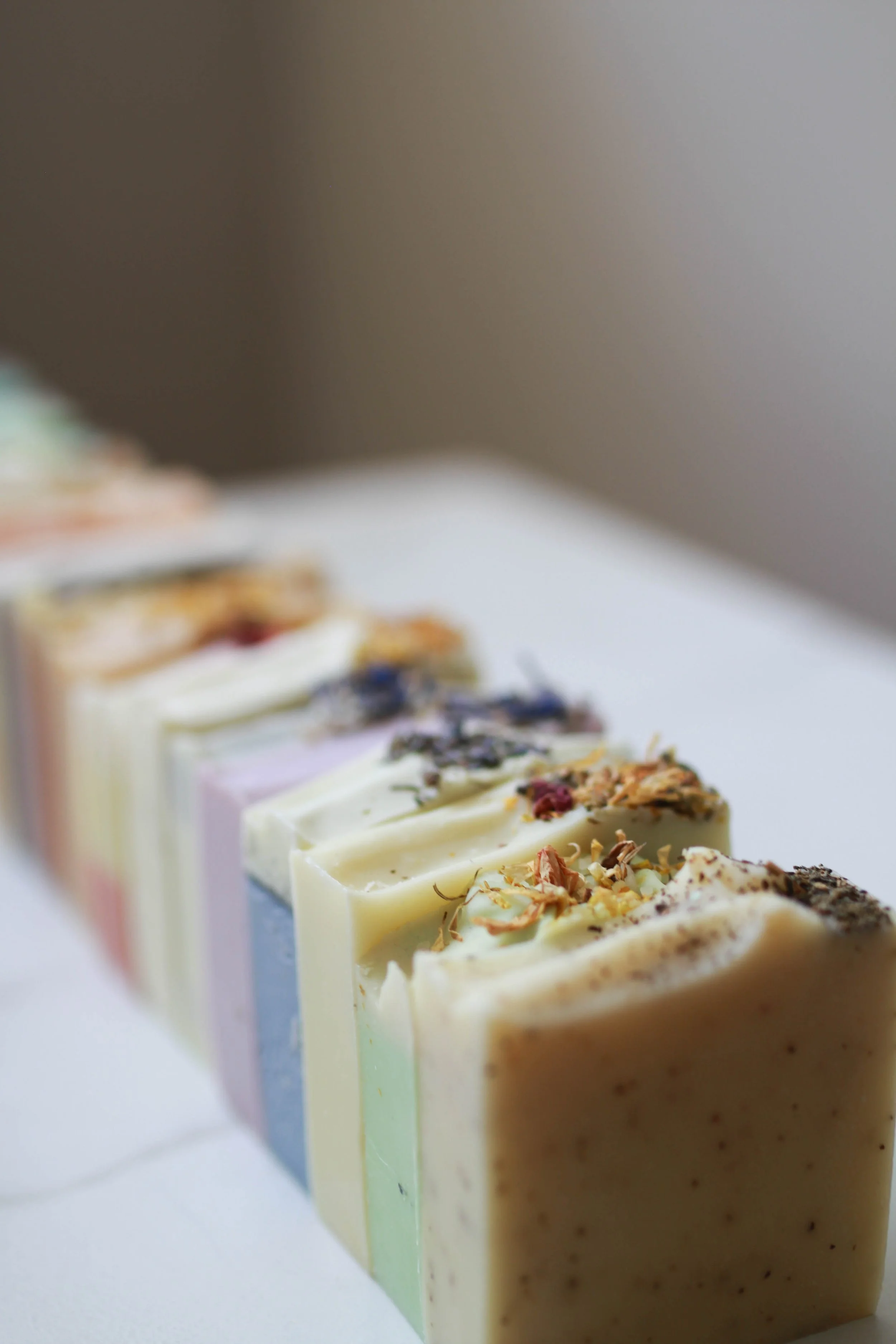Close-up view of assorted colorful artisan soap bars with toppings, arranged in a row on a white surface.
