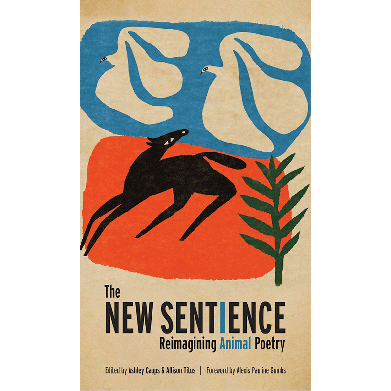 Book cover titled "The New Sentience: Reimagining Animal Poetry," edited by Ashley Capps and Allison Titus, with a foreword by Alexis Pauline Gumbs. The cover features a stylized illustration of a black dog on an orange background, a green plant, and abstract blue and beige shapes in the sky.