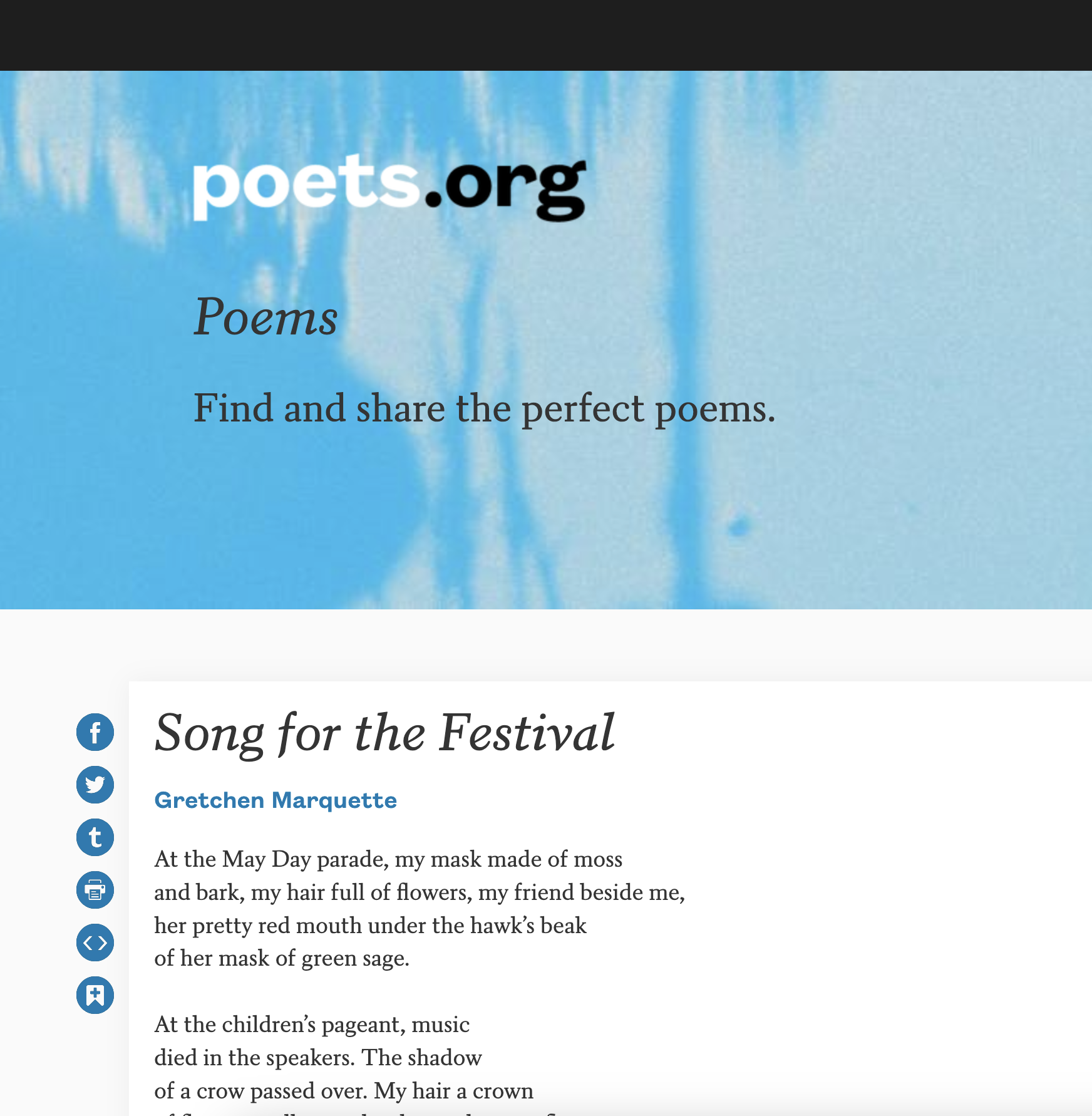 Screenshot of a poem titled "Song for the Festival" by Gretchen Marquette, with social media icons for Facebook, Twitter, Tumblr, and a printer icon next to the poem. The poem begins with: "At the May Day parade, my mask made of moss and bark, my hair full of flowers, my friend beside me," and continues with a description of a May Day celebration.