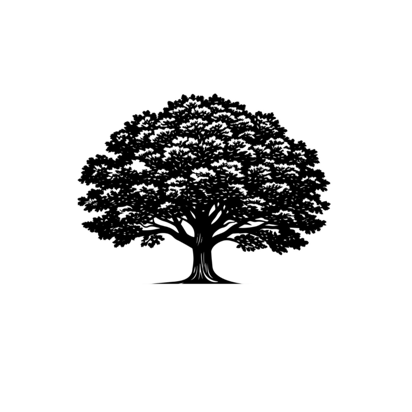 Silhouette of a large, detailed tree with a broad canopy and thick trunk on a flat surface.