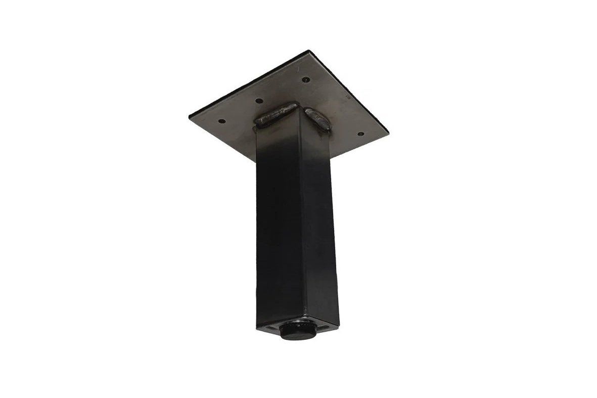 Black metal leg on a square base plate with holes for mounting.