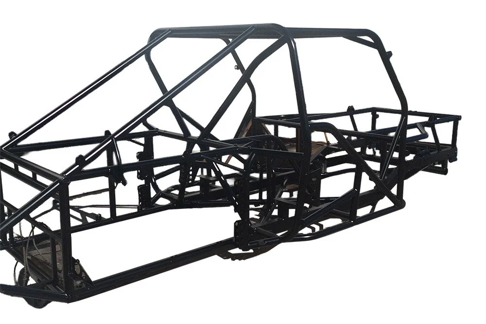 A black, powdered coated metal chassis.