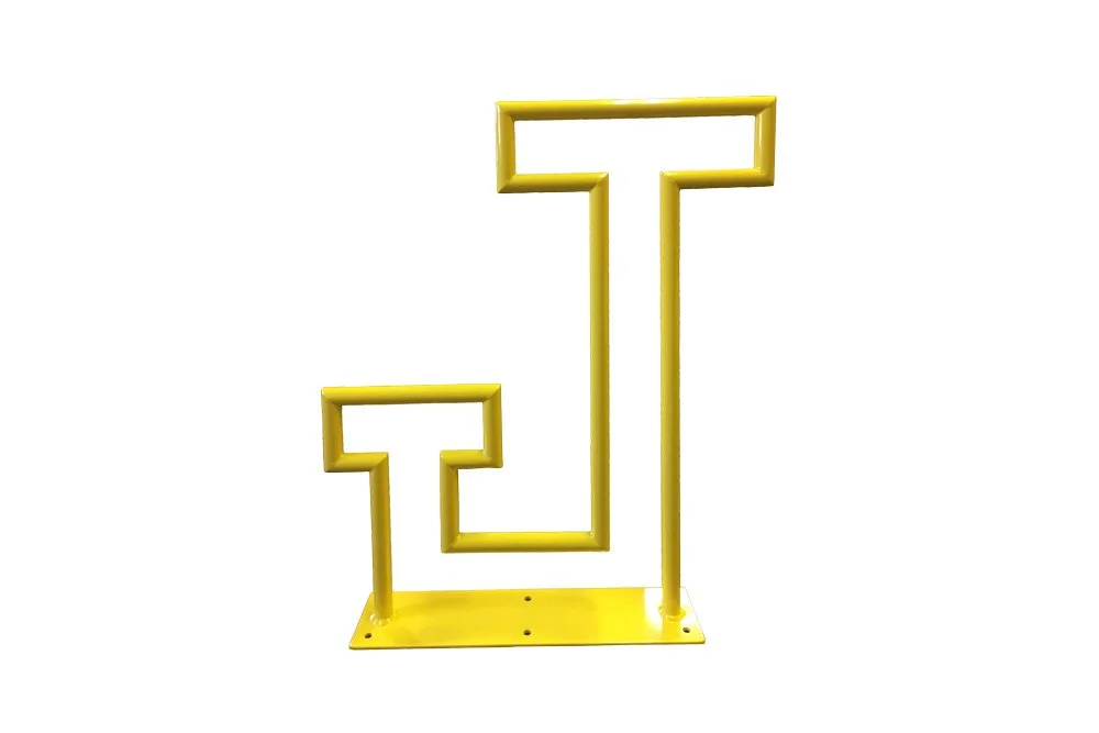 J-shaped, yellow powder coated bike rack