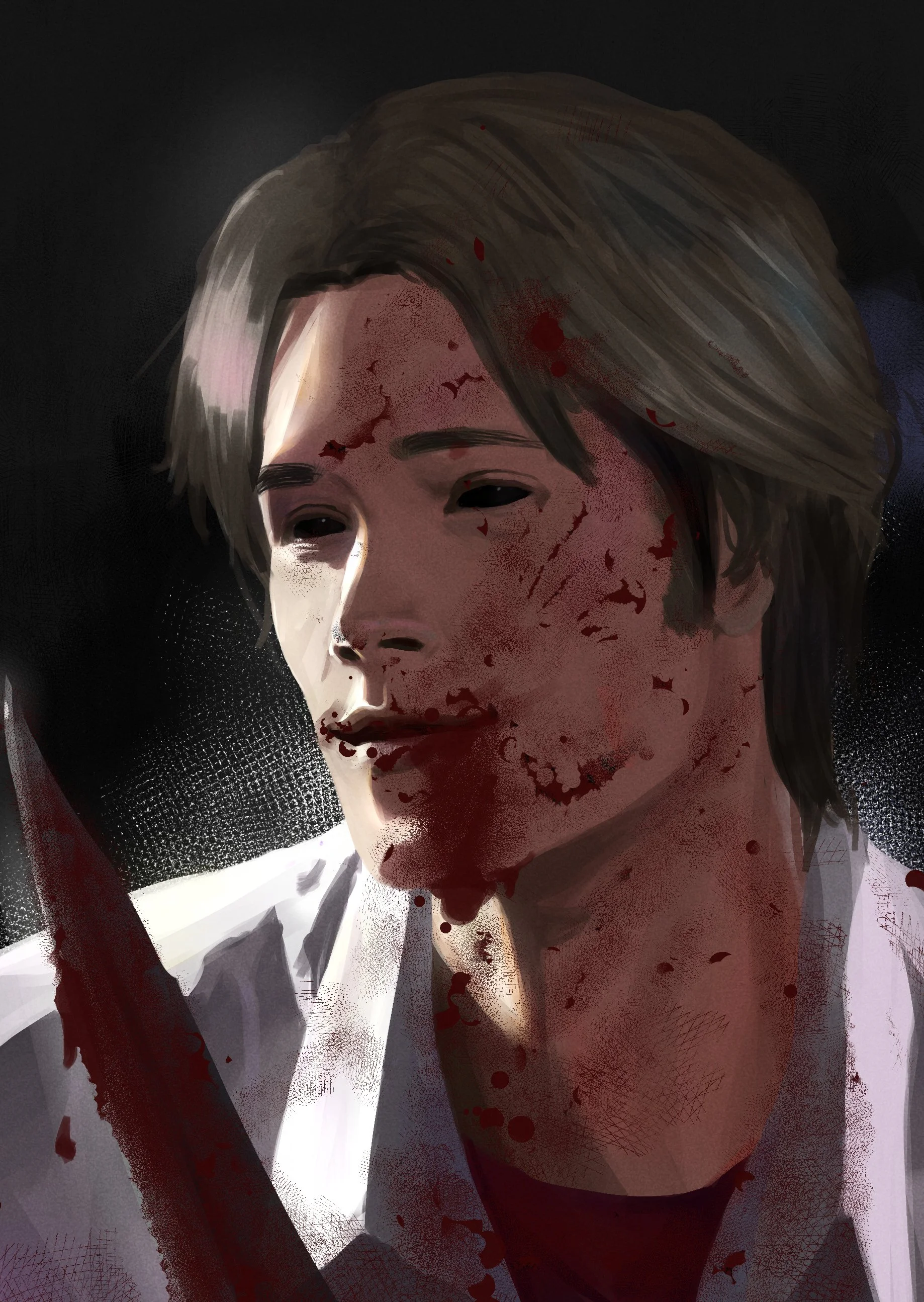A digitally painted portrait of a person with blood splattered on their face and neck, wearing a white shirt, holding a bloody knife, with a dark background.