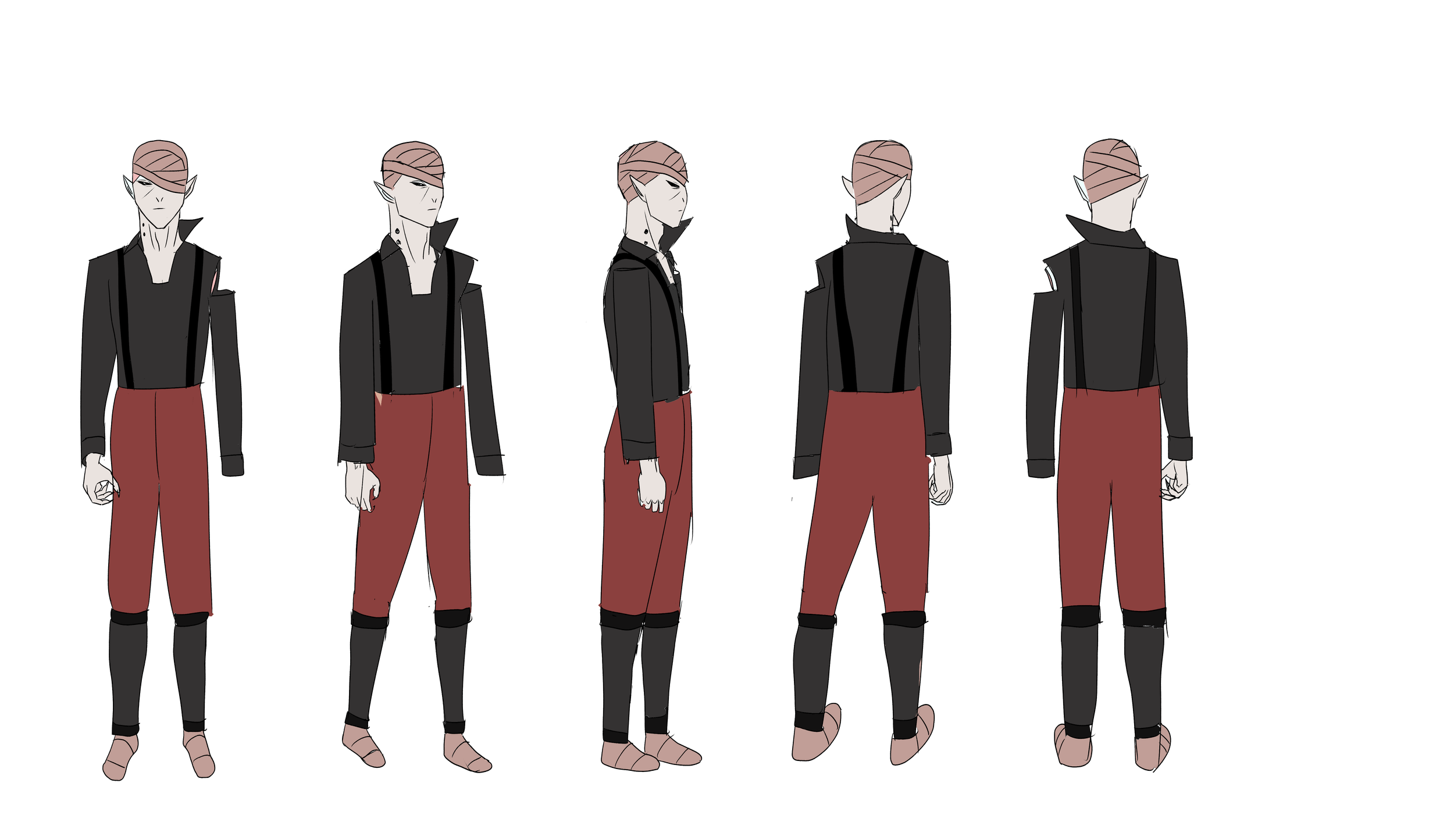 Character concept art of a vampire with pointed ears, wearing a black high-collared jacket, black suspenders, reddish-brown pants, beige bandages on his face and feet, and black and brown bracers on his legs.