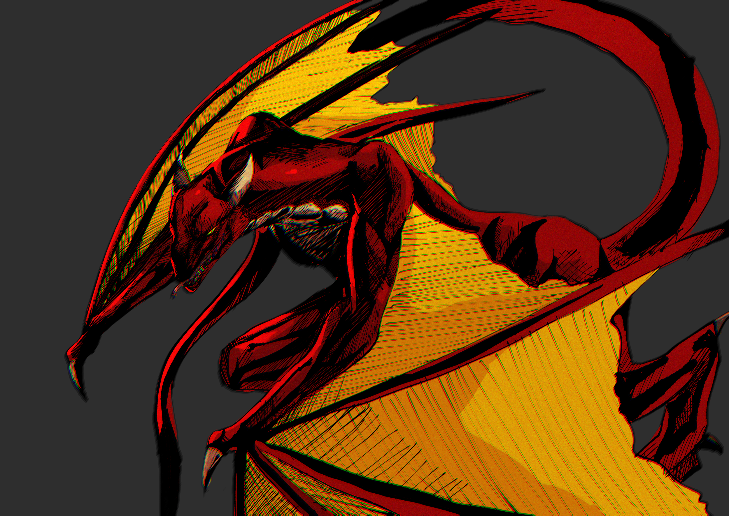 Digital artwork of a fierce dragon with red and black scales, yellow wings, and a long tail, set against a dark background.