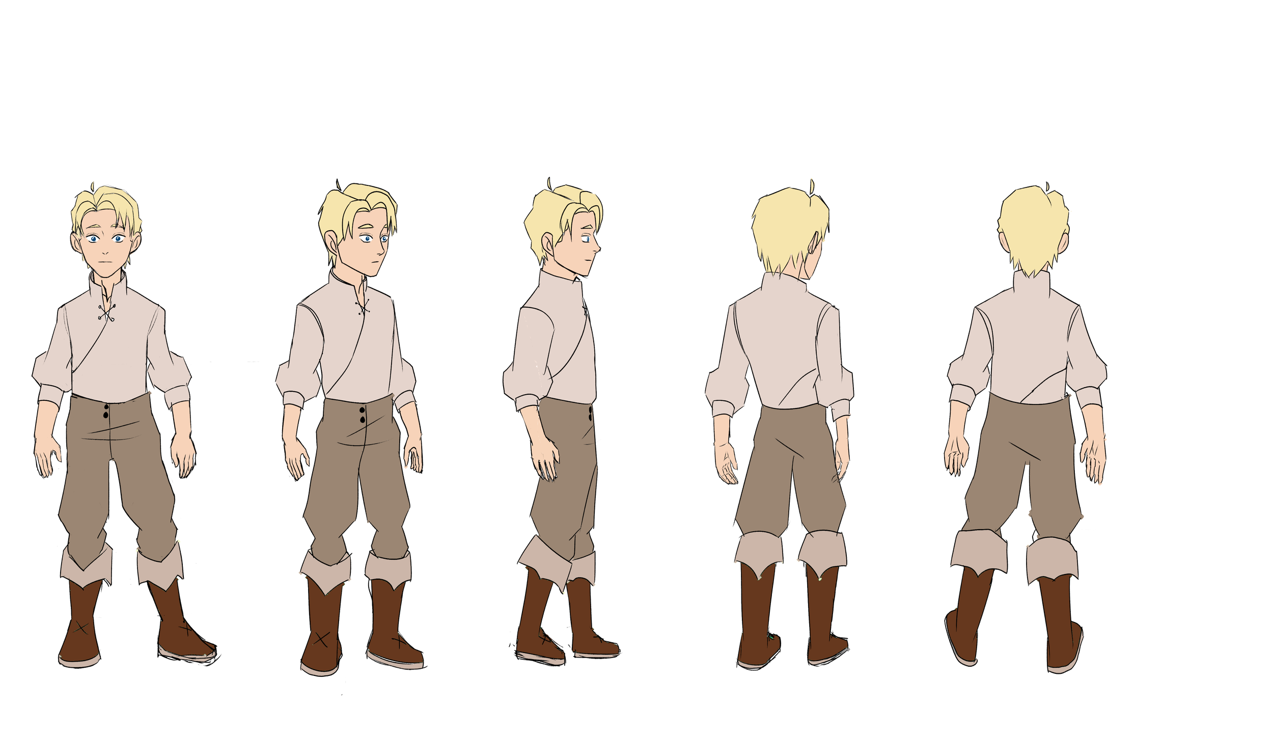 Character concept art of a young man with blonde hair in various poses, wearing a beige shirt with puffed sleeves, dark brown pants with turned-up cuffs, and brown boots, shown from front, three-quarters, profile, back, and rear views.