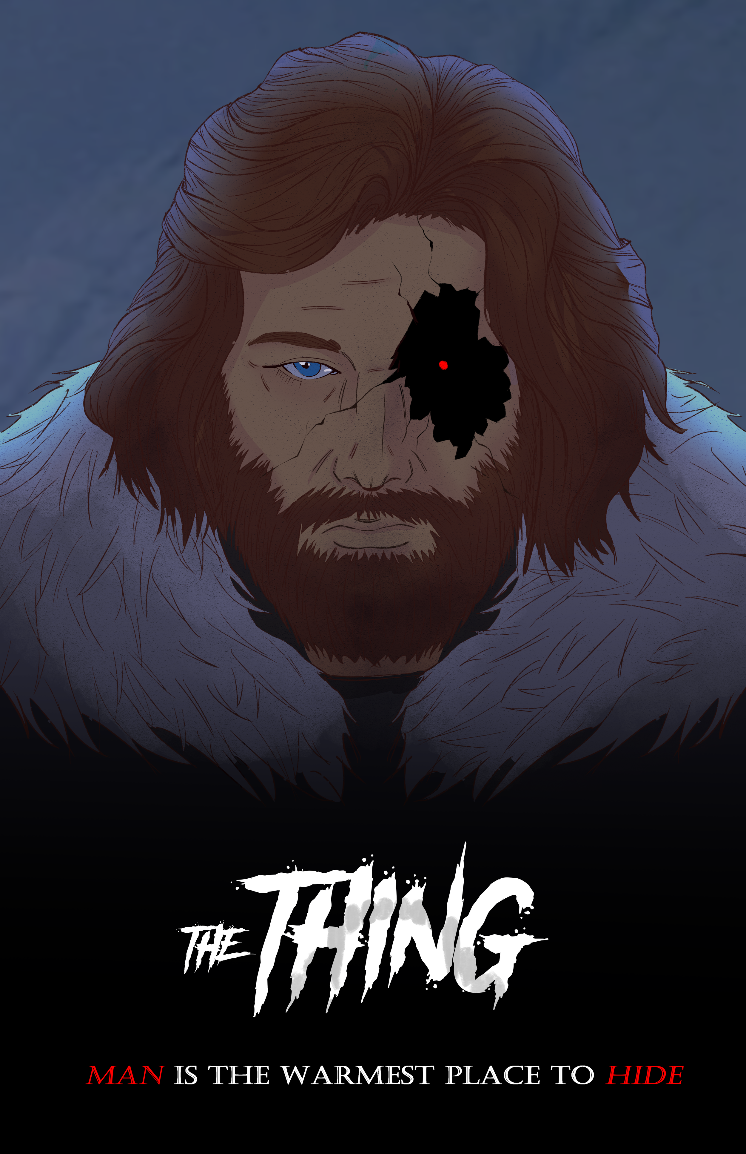 Illustration of a man with long hair and beard, with a large crack on his face revealing a black void and a glowing red eye inside it. He wears a fur cloak, with a dark background. The text says "The Thing" in large white letters and "Man is the warm