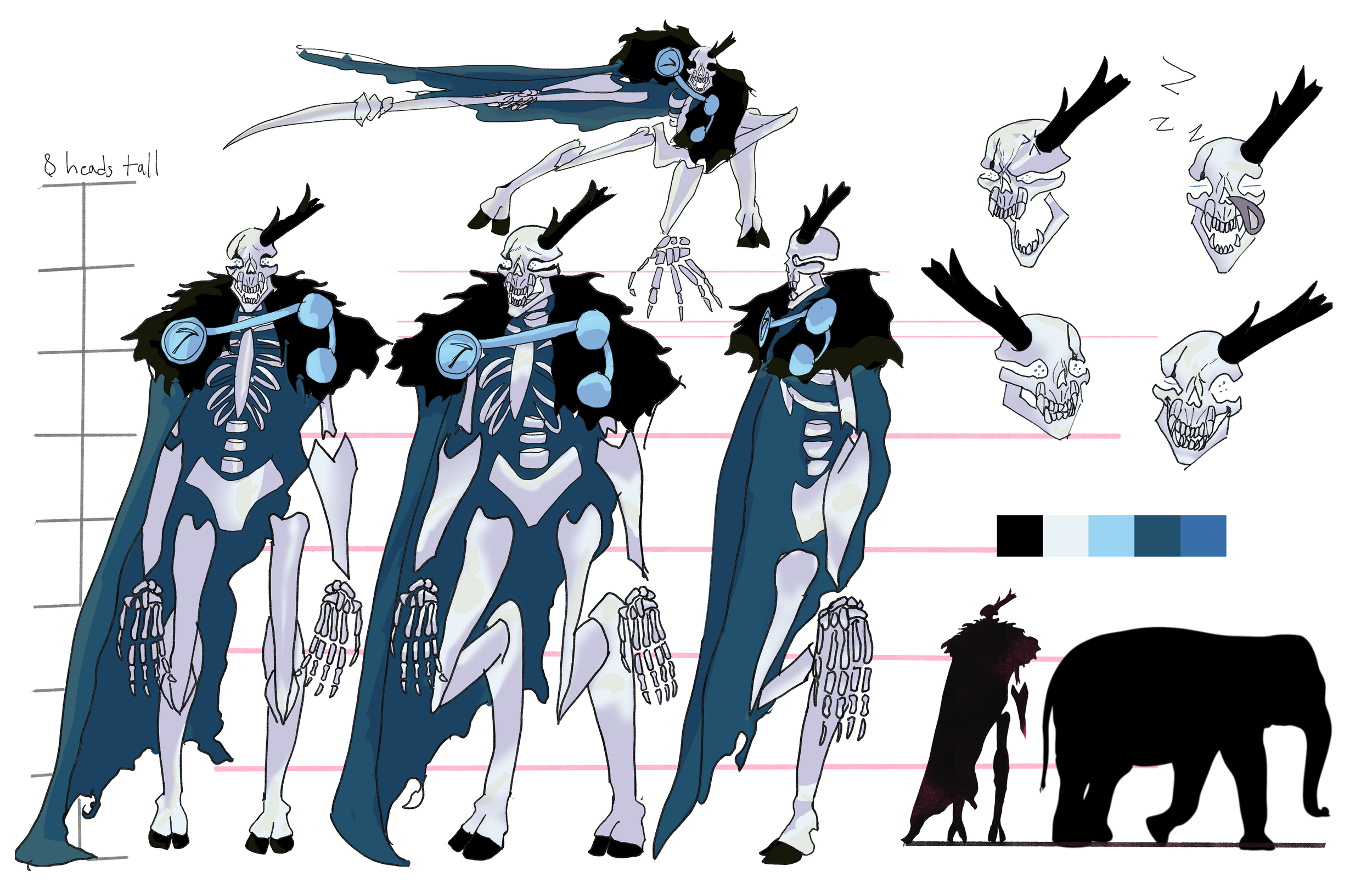 Design of a skeleton character with dark blue cloak and armor, shown in various poses, expression sheet, with size comparisons to the silhouette of the character and an elephant.