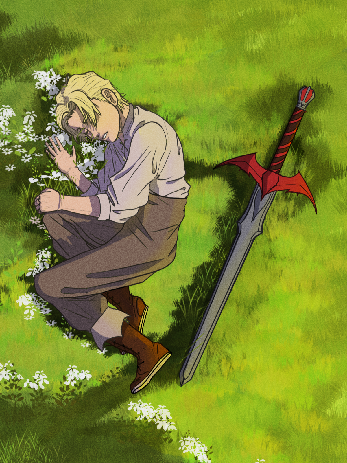 A young man with blond hair is lying on the grass, asleep, surrounded by small white flowers. A large sword with a red and black handle and a red winged guard is laying on the ground nearby.