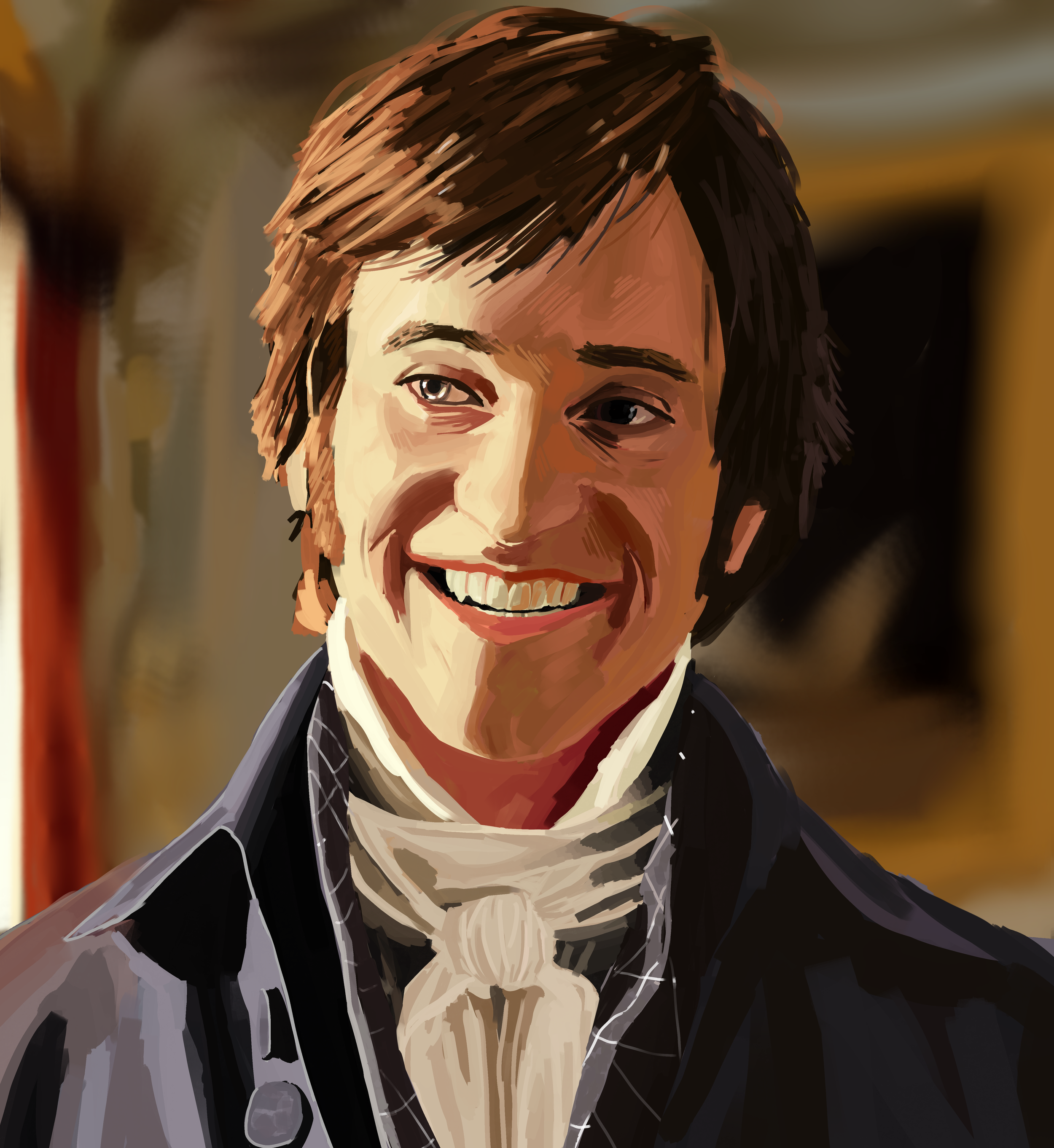 Brown haired man with a wide grin on his face his face. He is wearing an ascot and a blue suit jacket. All in front of a blurry background.