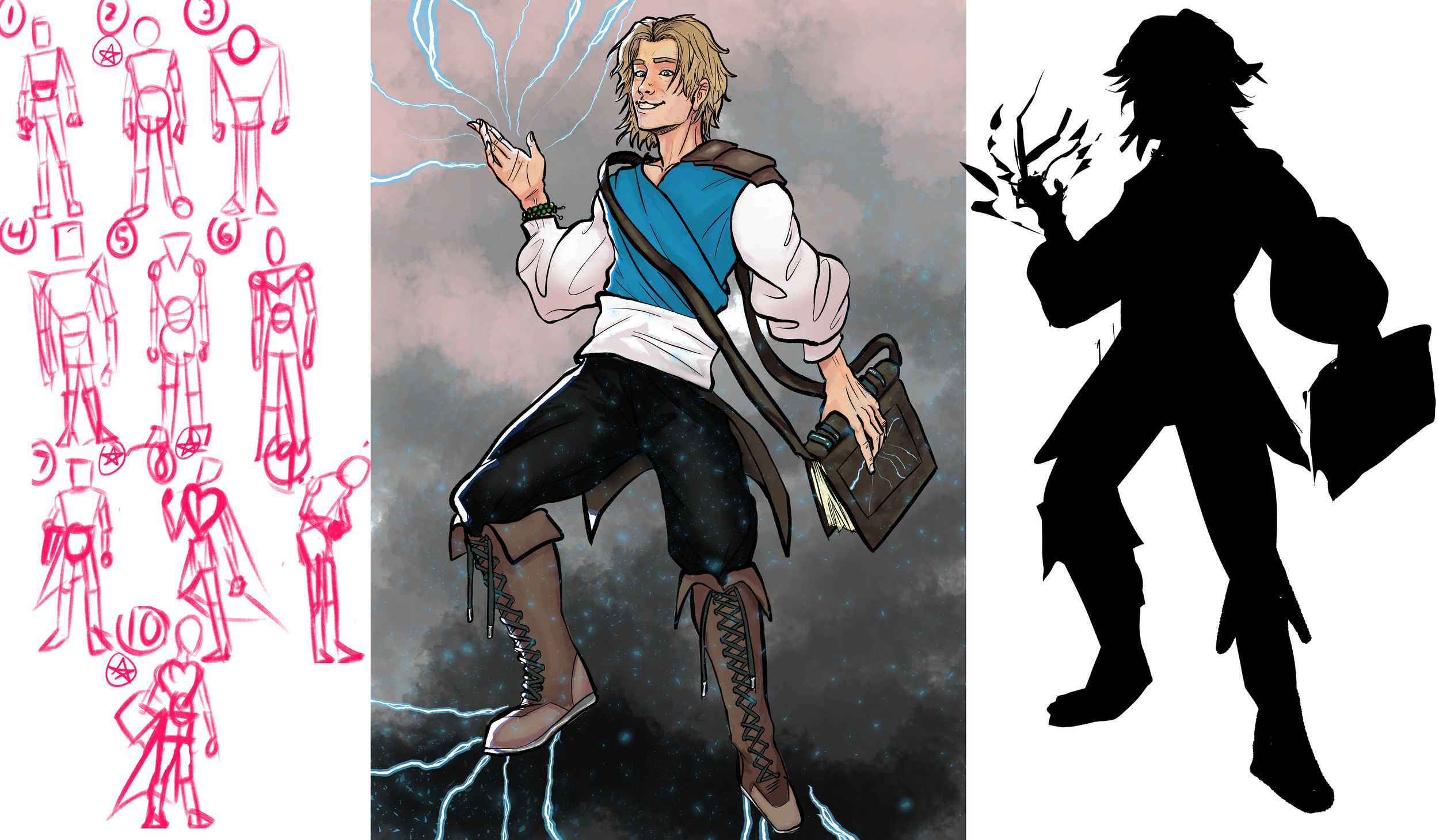 A step-by-step drawing guide on the left, a detailed digital illustration in the center of a young man with long blonde hair, wearing a blue and white shirt, black pants, and brown boots, holding a book and summoning lightning, and a black silhouette