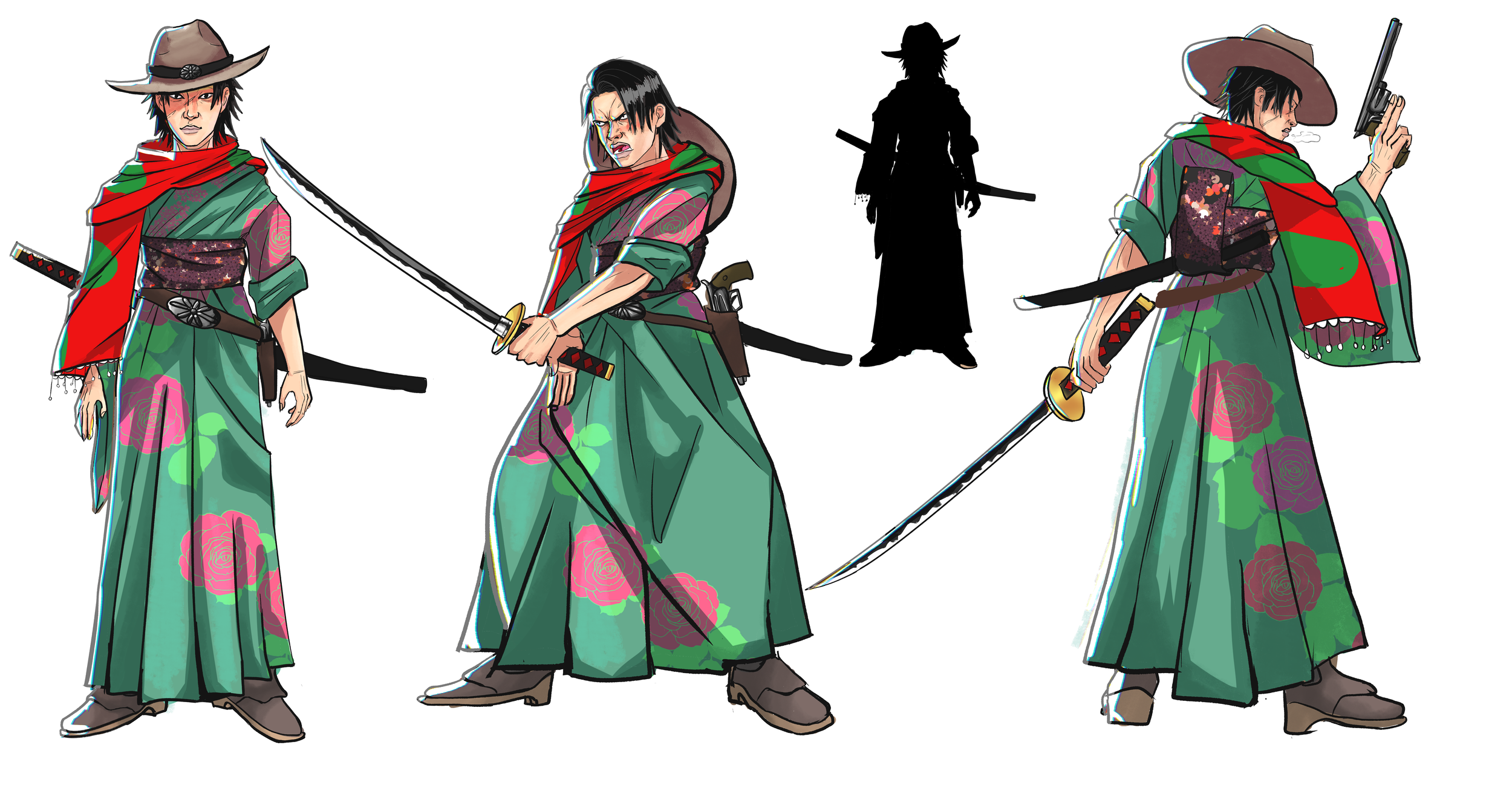 Character concept art of a female samurai wearing traditional Japanese kimono decorated with pink roses, with multiple swords, in various poses, including holding a gun, with a silhouette of the character in the background.