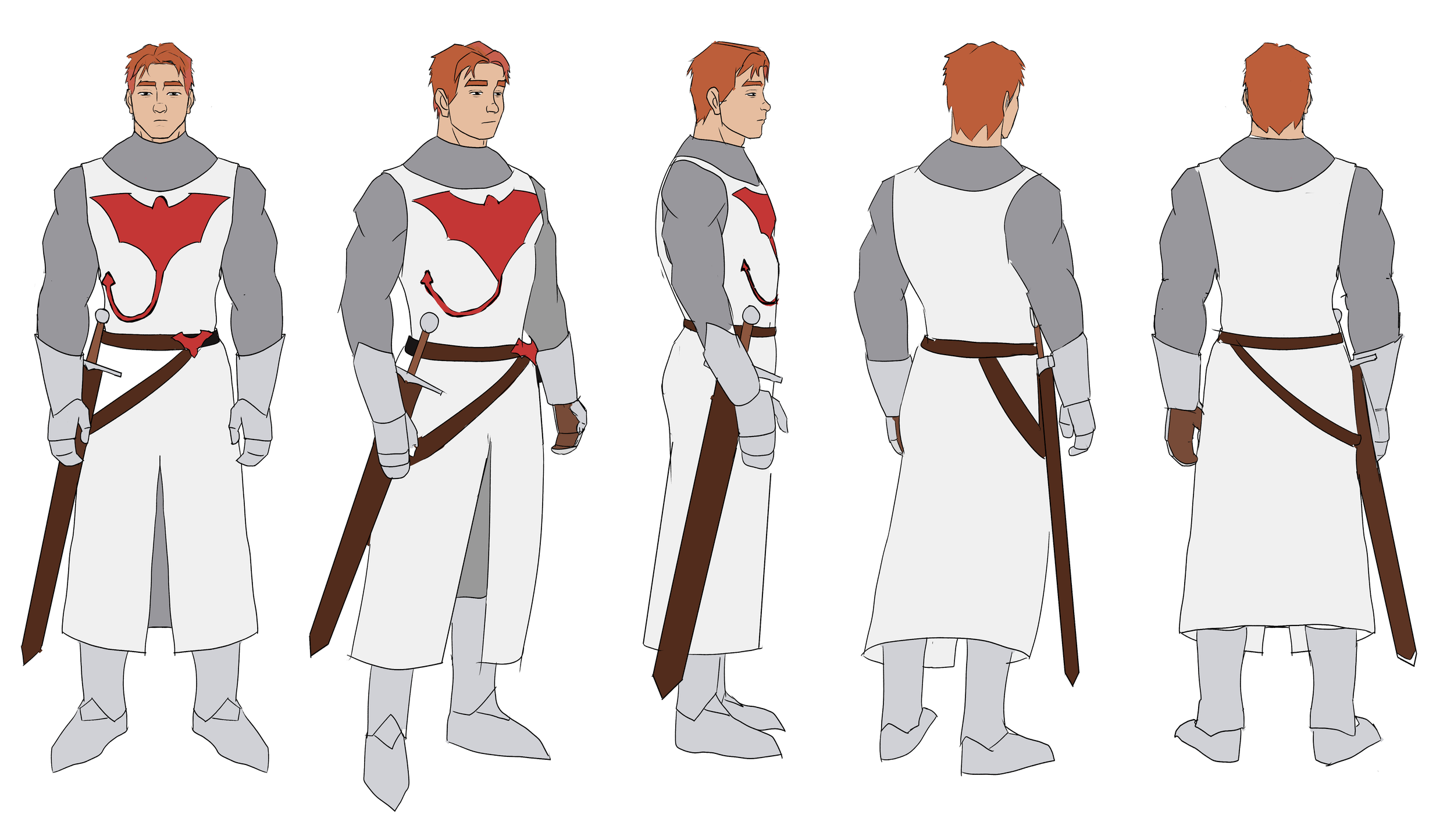 Character concept art of an adult male hero in medieval armor, with red hair, wearing a white surcoat with a red dragon emblem, brown belt, gloves, and boots, holding a sword.
