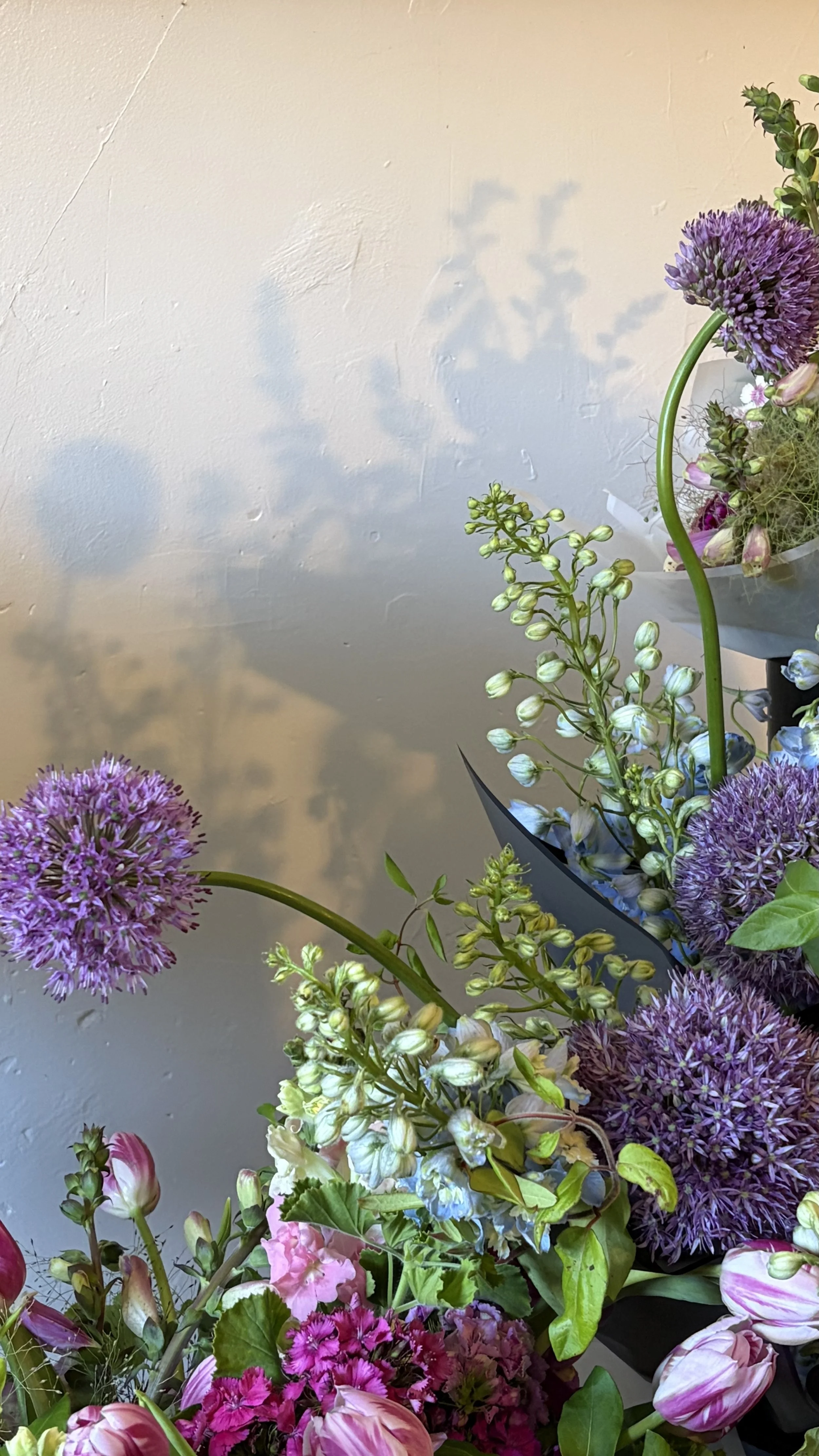 A bouquet of mixed flowers including purple allium, pink tulips, and various other colorful blooms against a light-colored textured wall.